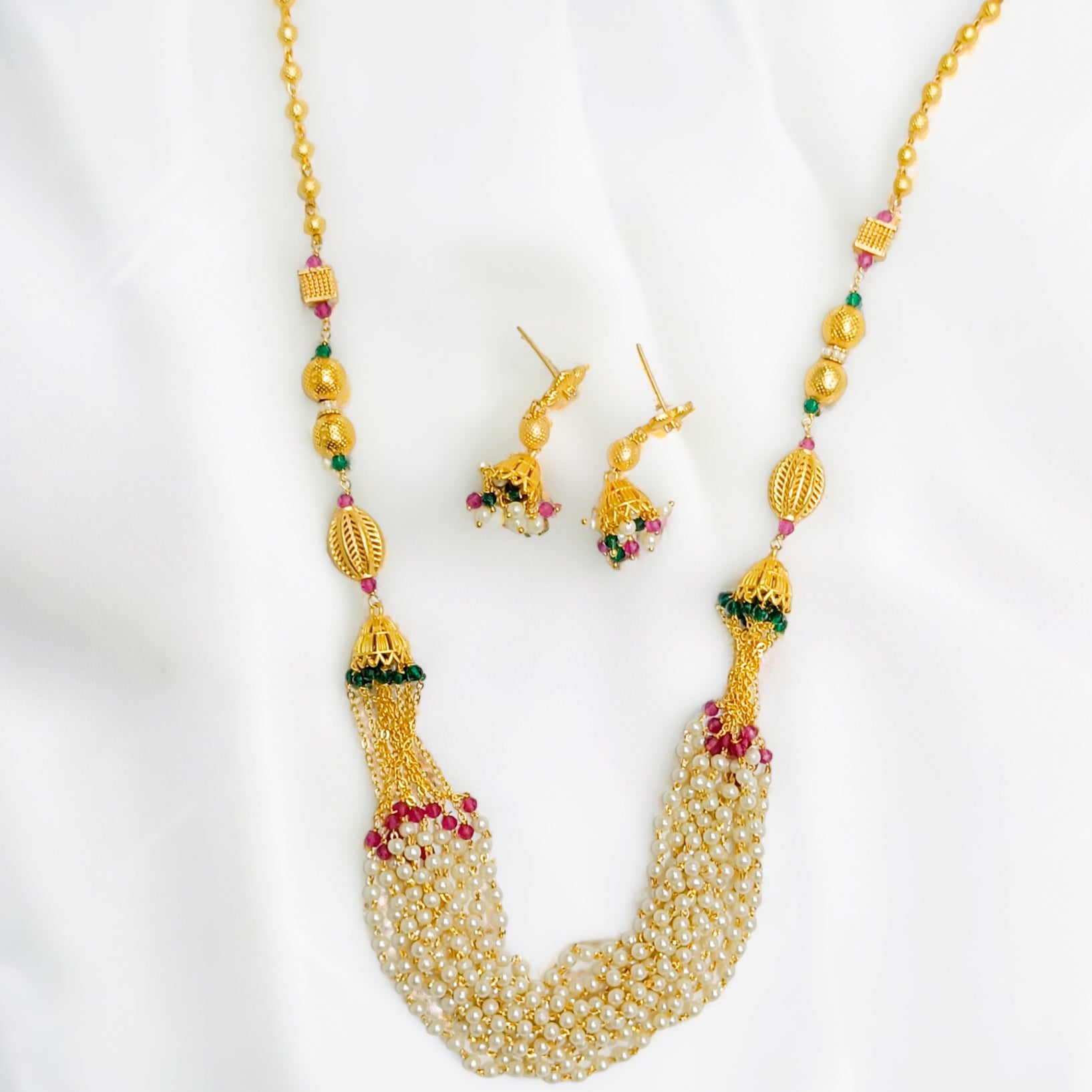 FW Premium Gold Plated Pearl Mala with Jhumka Earring