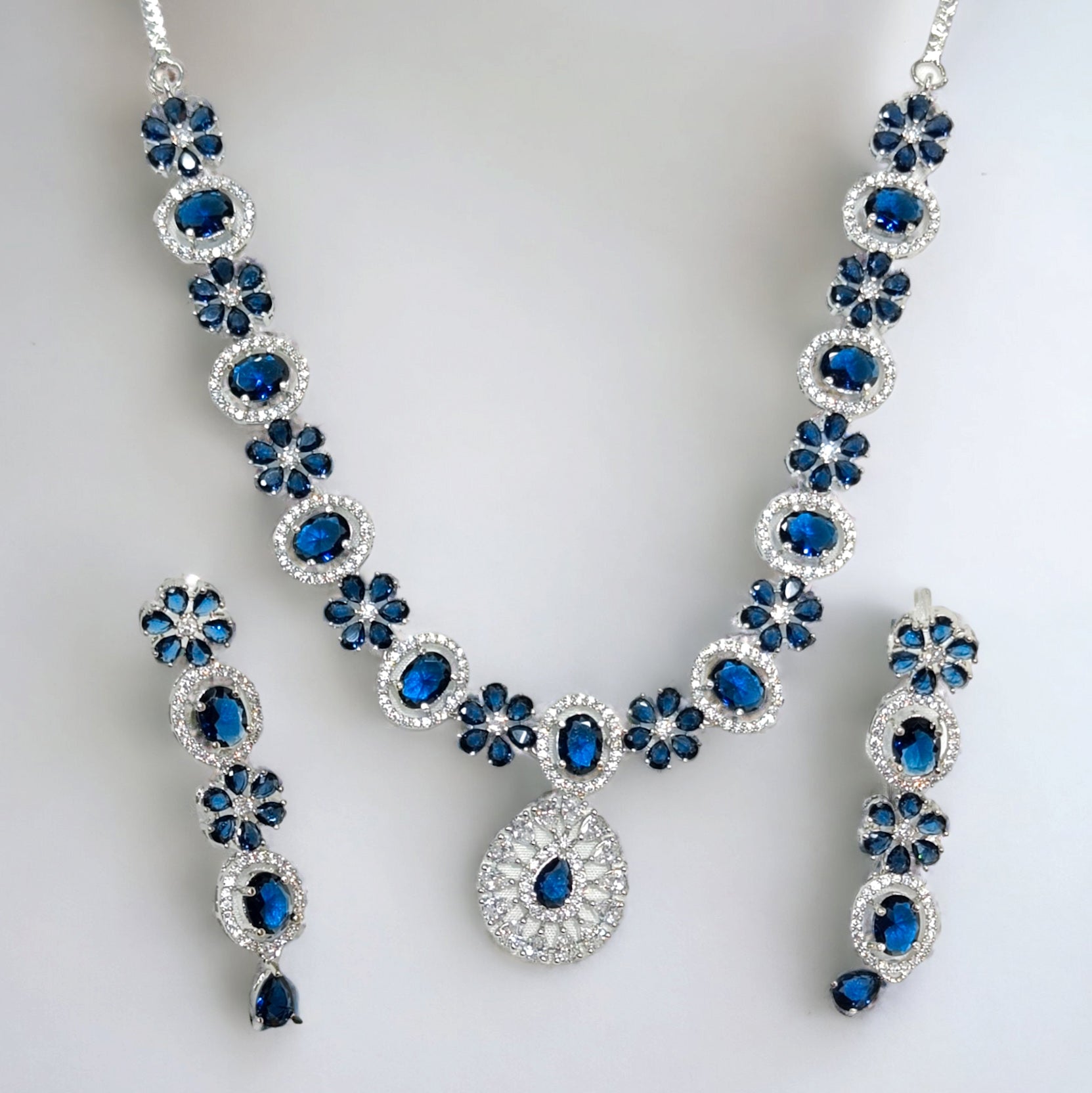 FW Blue AD Stone Rhodium Plated Necklace with Earrings