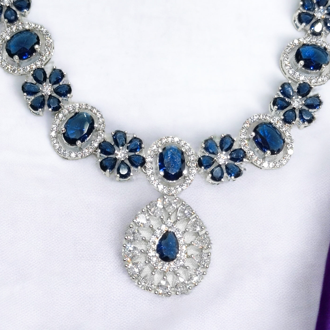 FW Blue AD Stone Rhodium Plated Necklace with Earrings