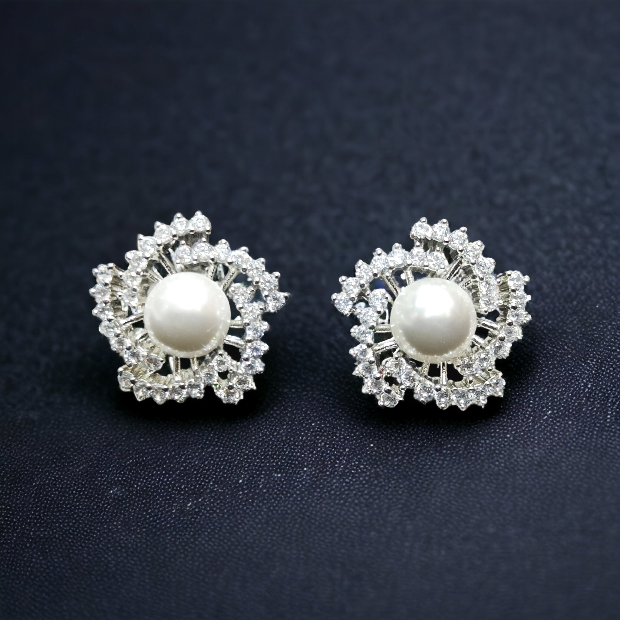 FW Rhodium Plated White Pearl CZ AD Stud Earring