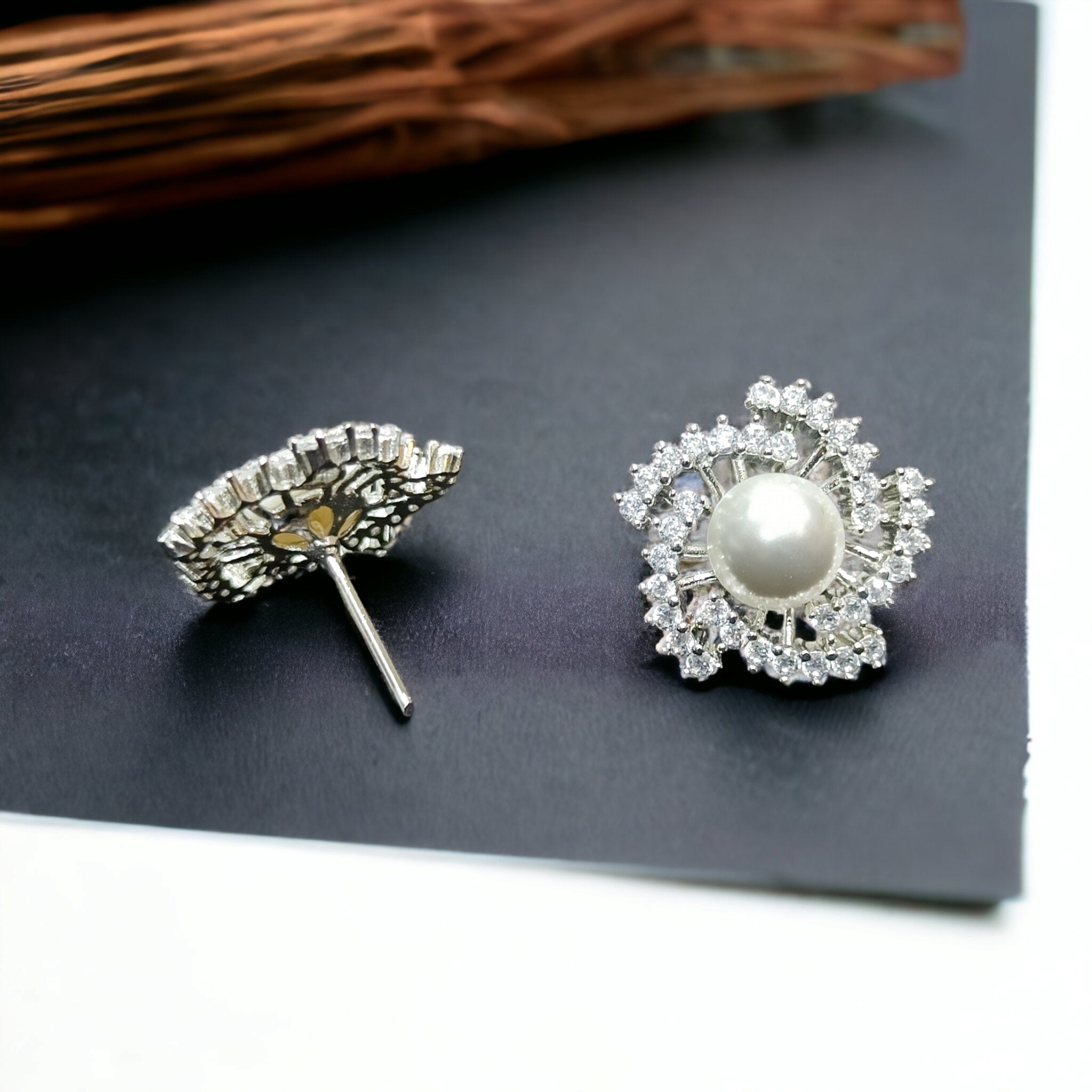 FW Rhodium Plated White Pearl CZ AD Stud Earring