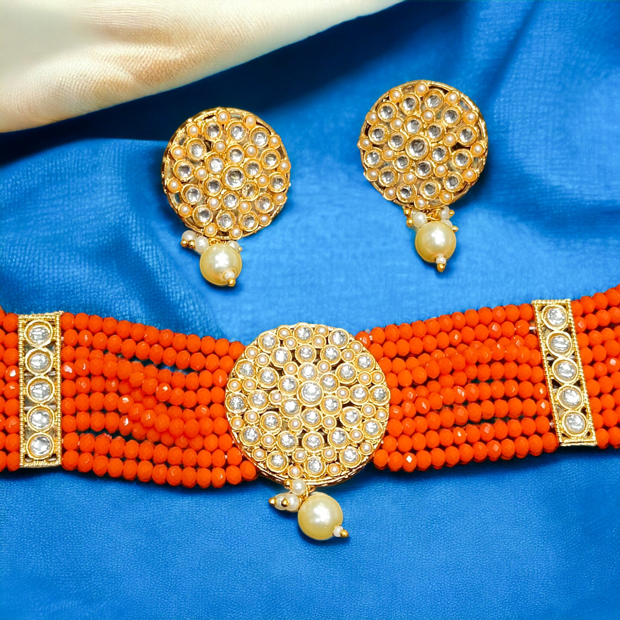 FW Premium Orange Choker Necklace with Earrings