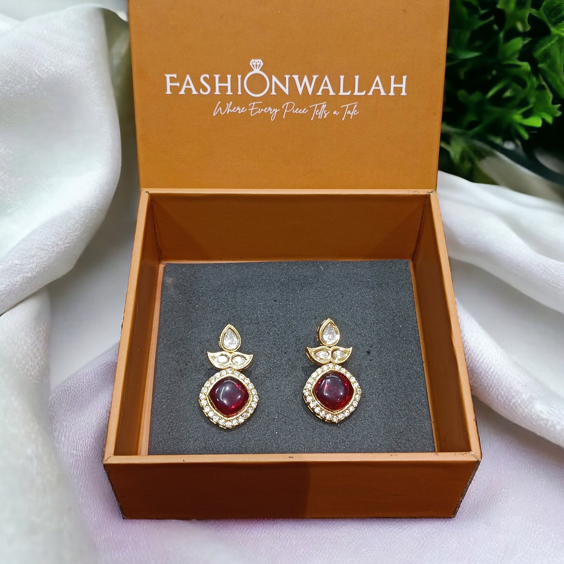 FW Handmade Designed 18k Gold Plated Marron Kundan CZ Earrings with Premium Kappa Box