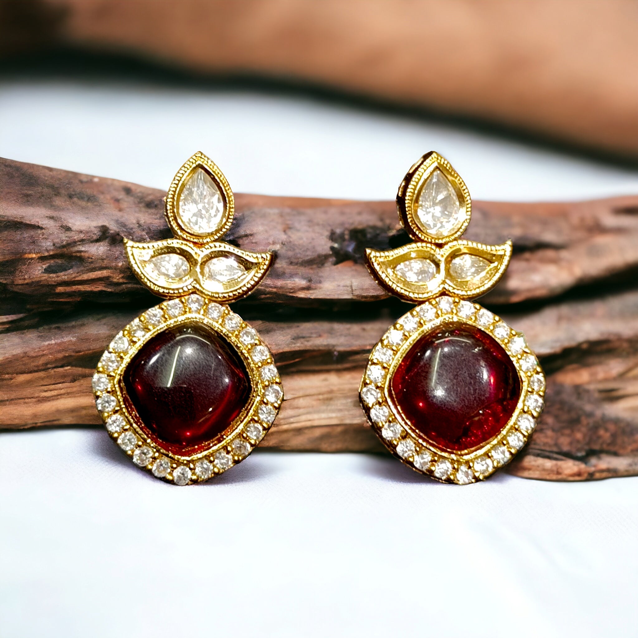 FW Handmade Designed 18k Gold Plated Marron Kundan CZ Earrings with Premium Kappa Box