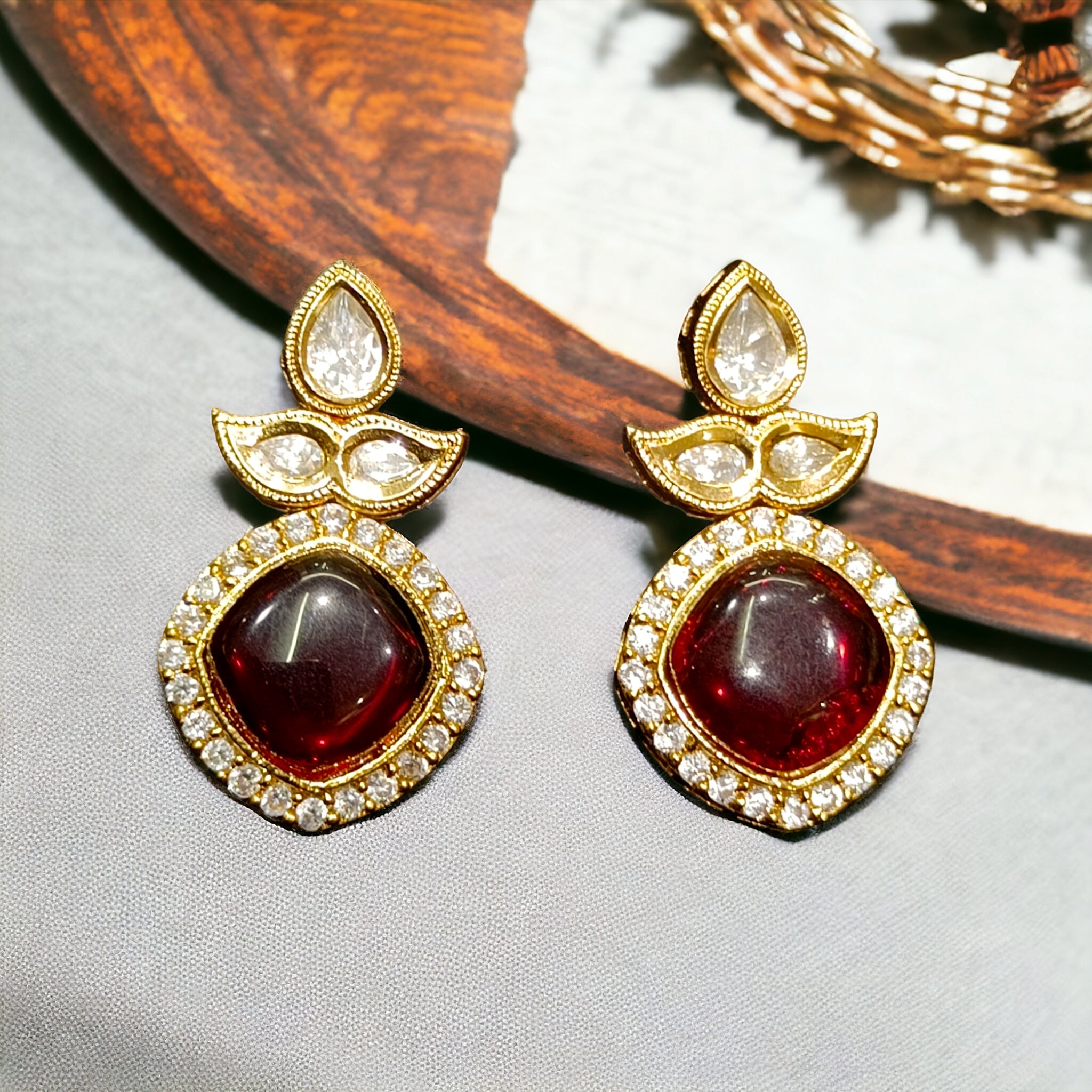 FW Handmade Designed 18k Gold Plated Marron Kundan CZ Earrings with Premium Kappa Box