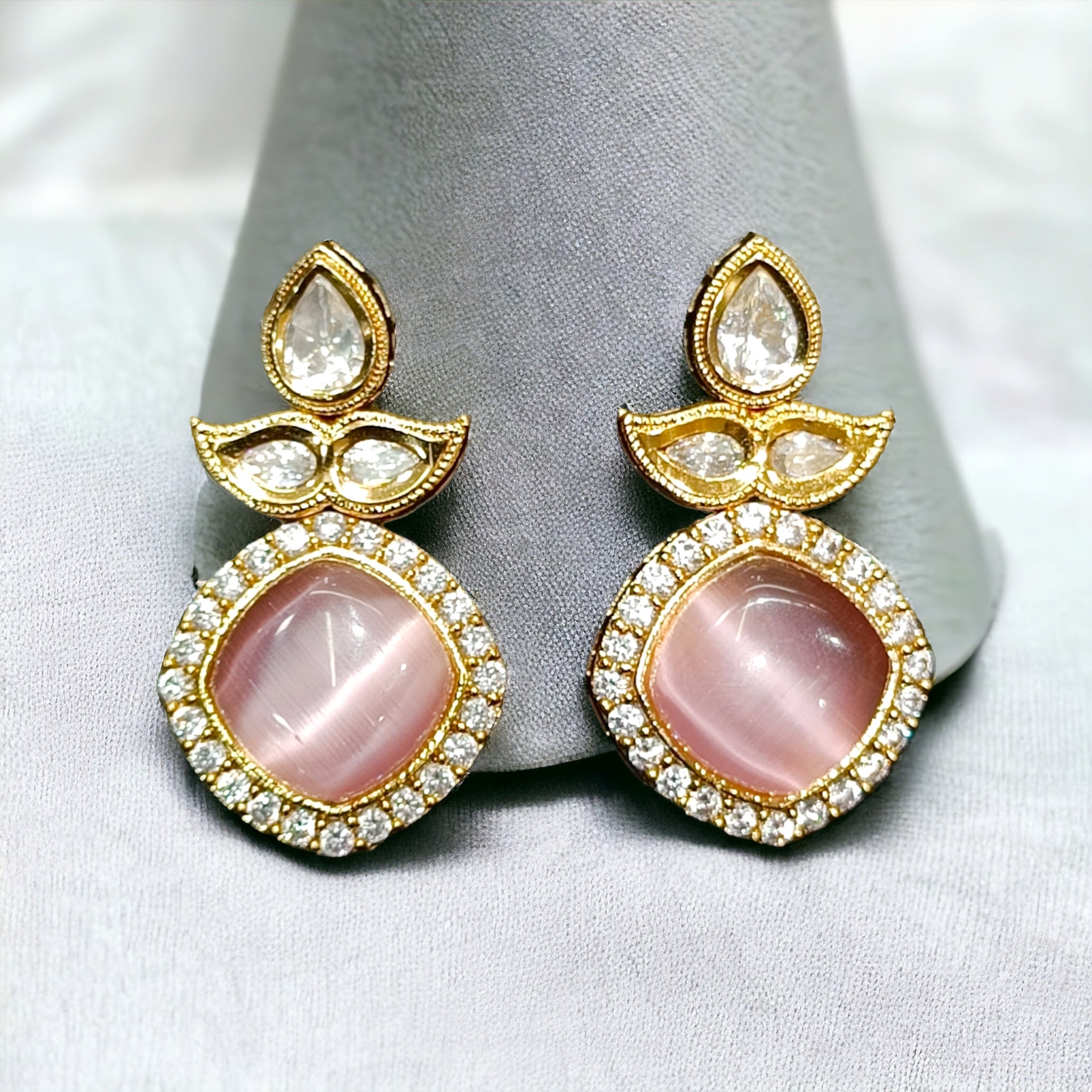 FW Handmade Designed 18k Gold Plated Pink Kundan CZ Earrings with Premium Kappa Box