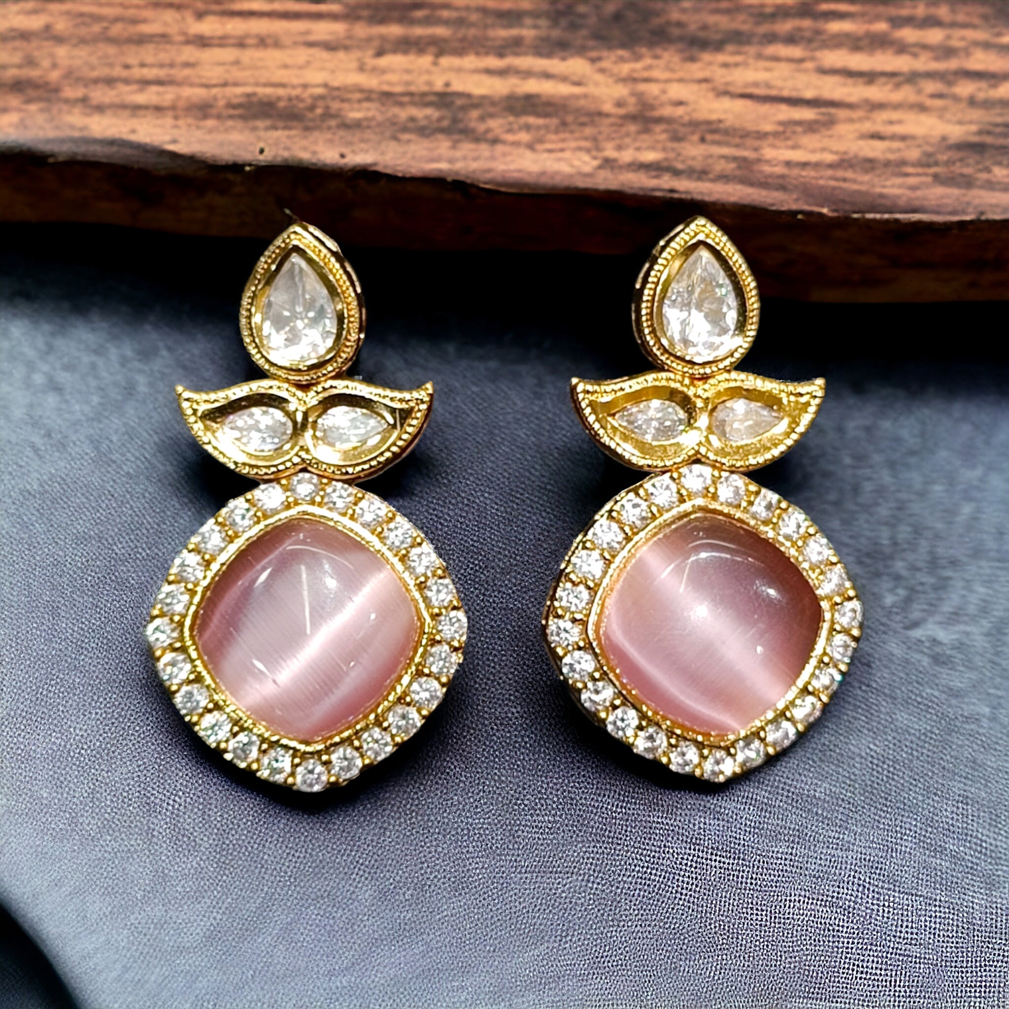 FW Handmade Designed 18k Gold Plated Pink Kundan CZ Earrings with Premium Kappa Box