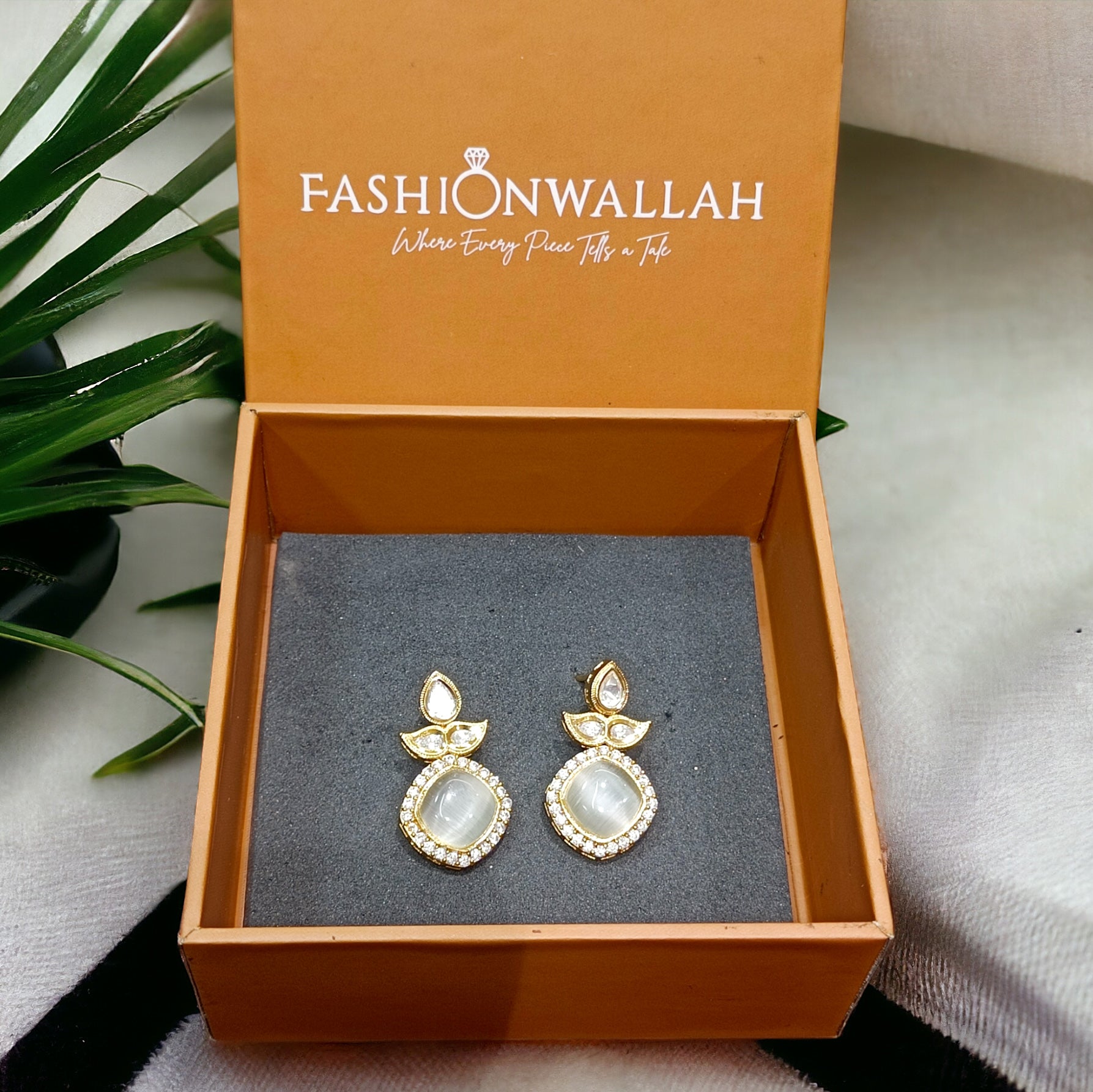 FW Handmade Designed 18k Gold Plated Whitw Kundan CZ Earrings with Premium Kappa Box