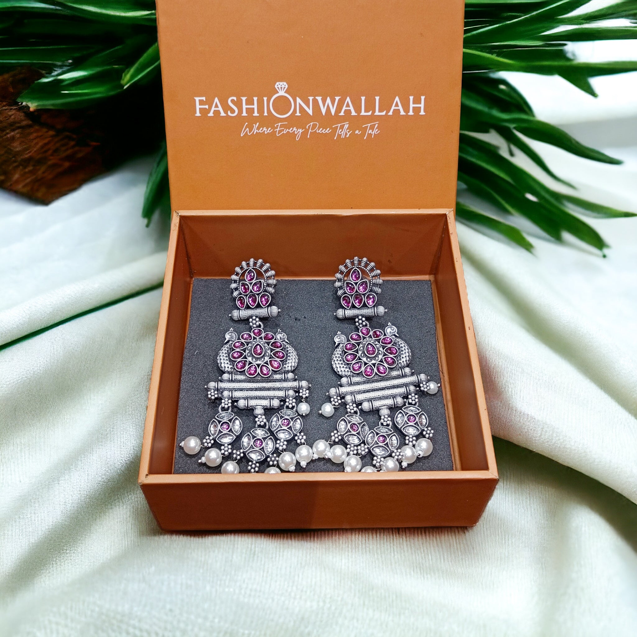 FW Premium German Silver Rani Stone Dangling Oxidized Earring