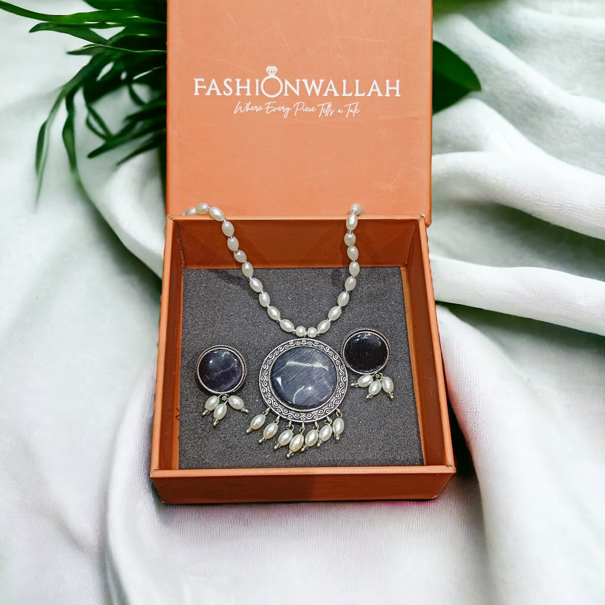 FW Grey Color Oxidized Pearl Mala with Earrings & Premium Kappa Box