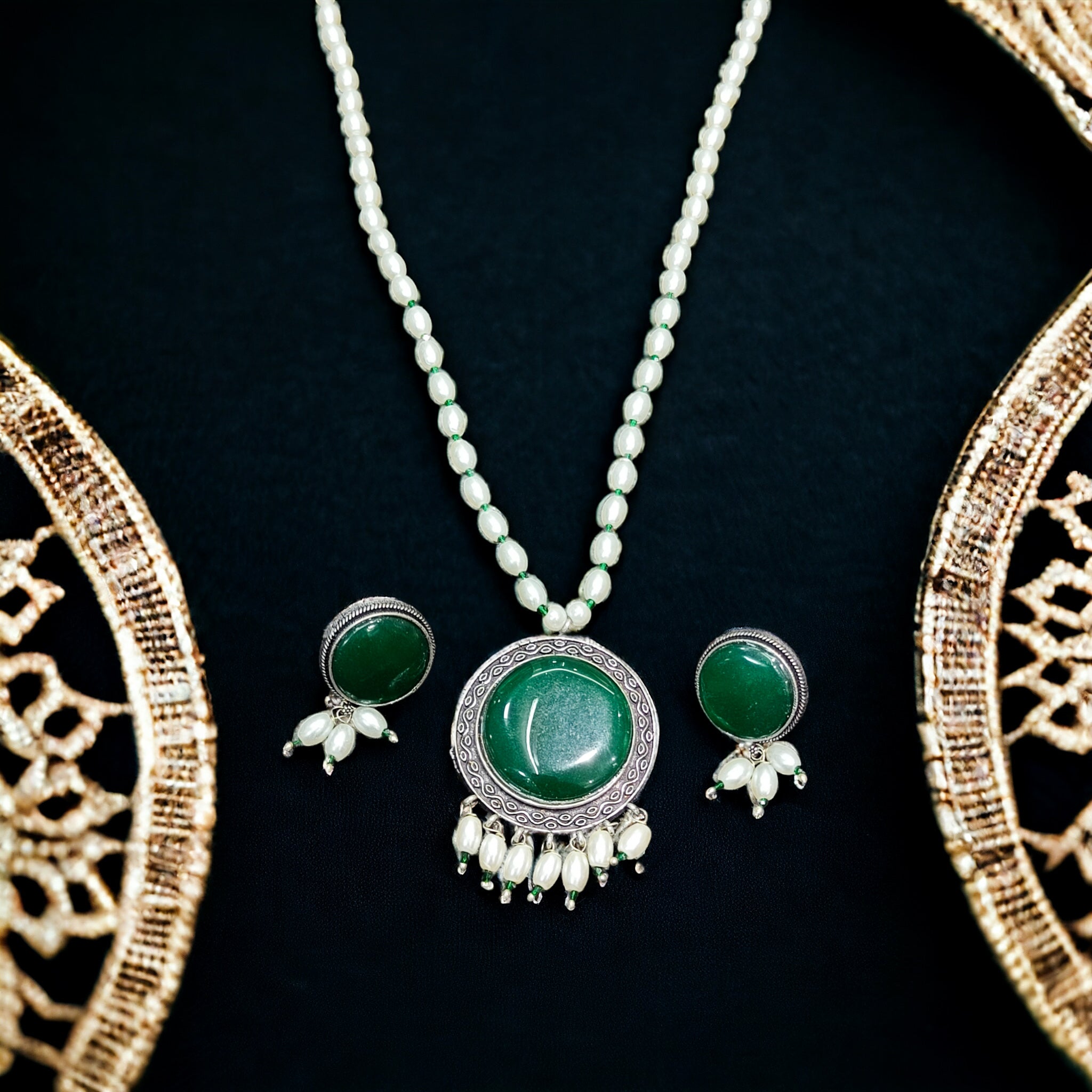 FW Green Color Oxidized Pearl Mala with Earrings & Premium Kappa Box