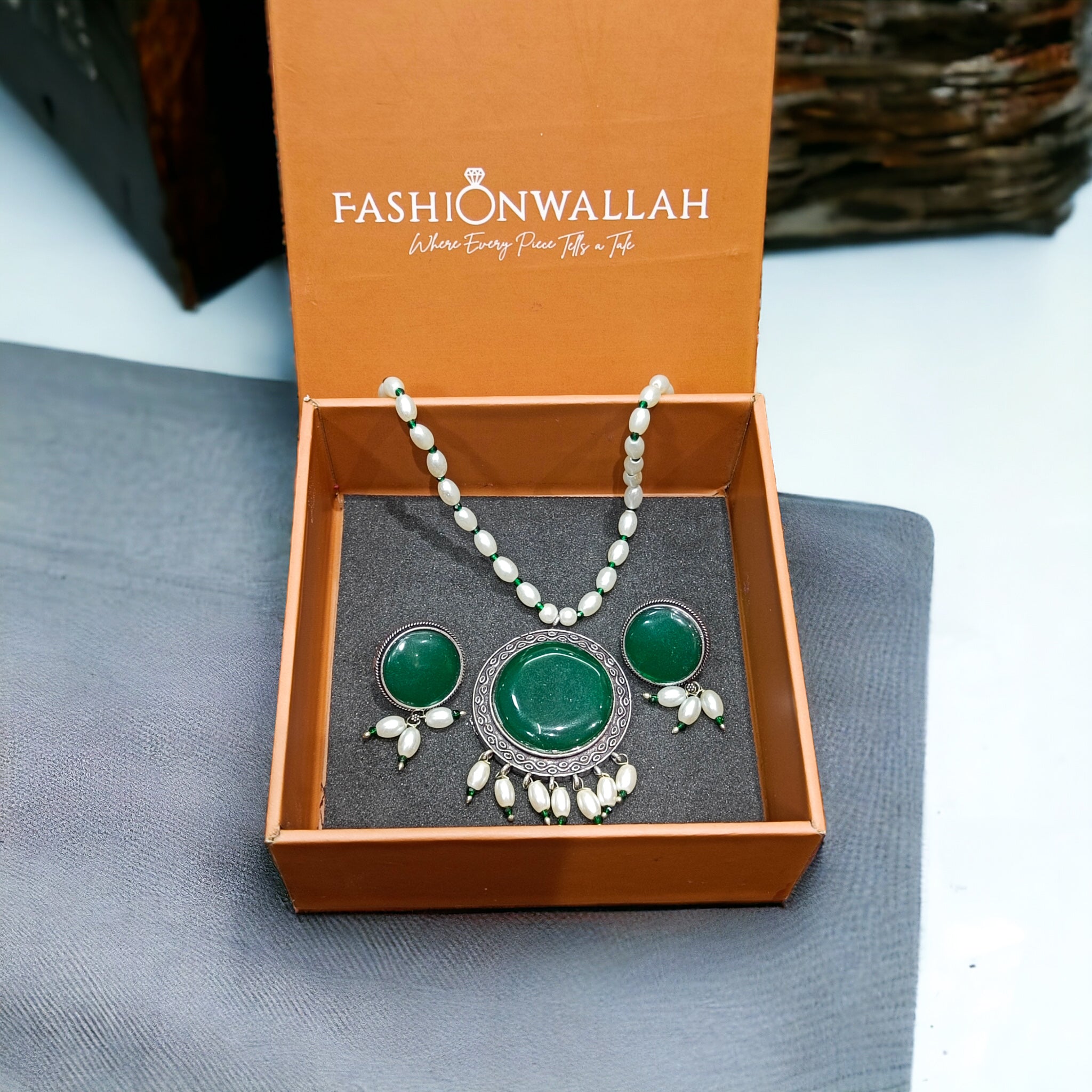 FW Green Color Oxidized Pearl Mala with Earrings & Premium Kappa Box