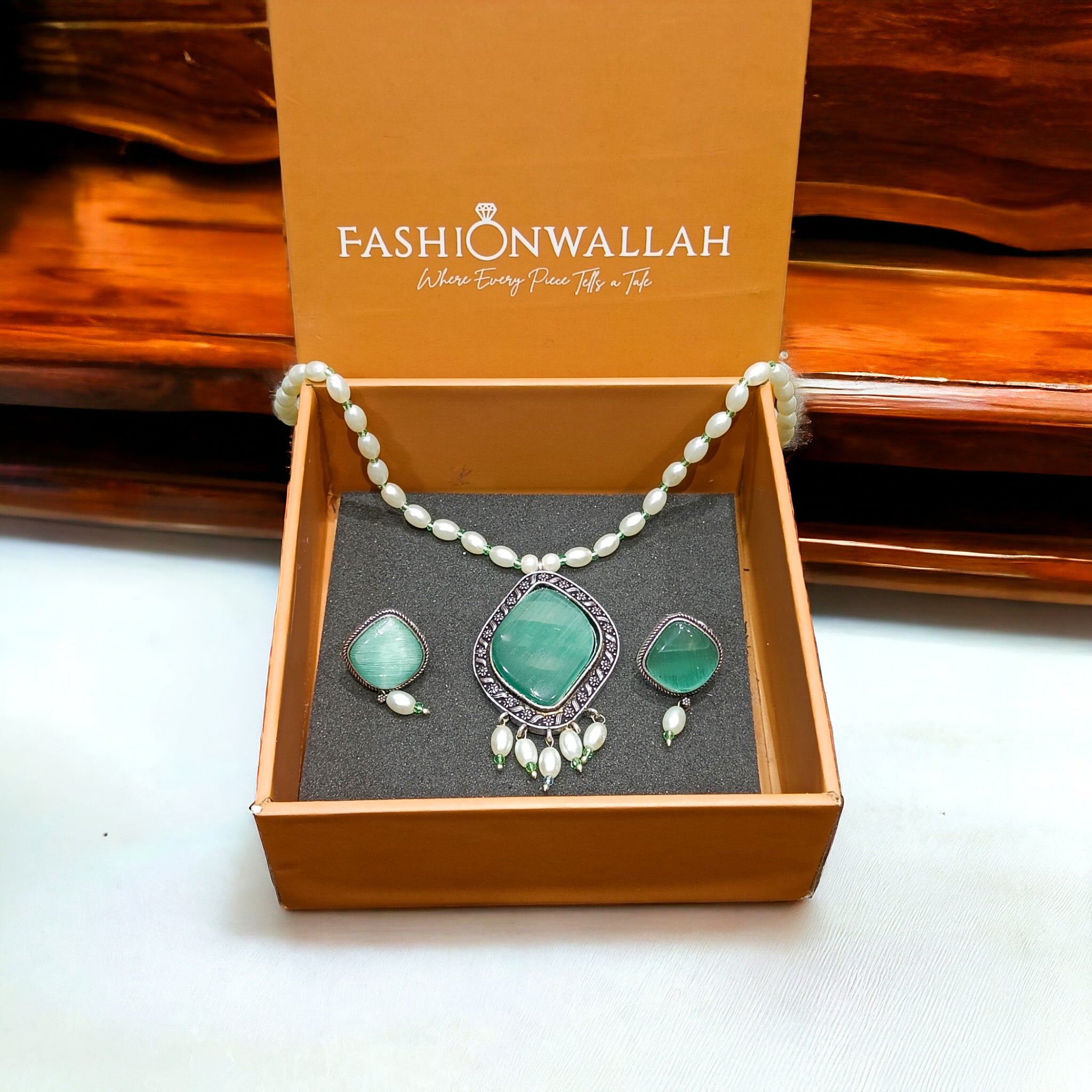 FW Mint Color Oxidized Pearl Mala with Earrings & Premium Kappa Box