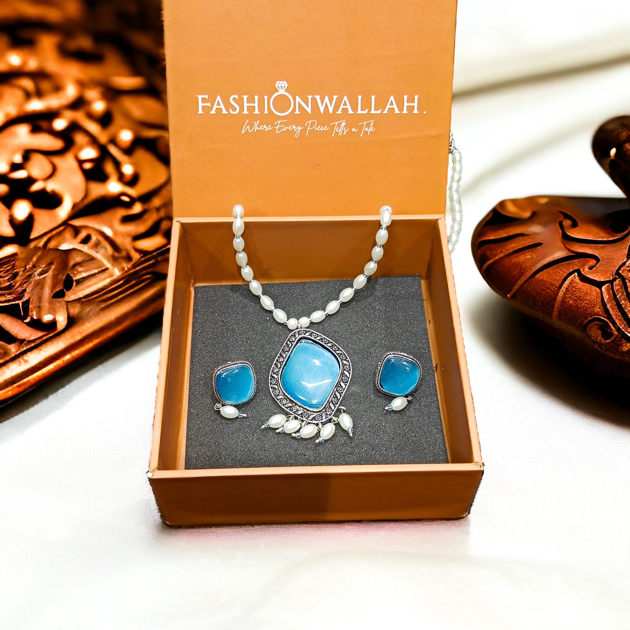 FW Aqua Blue Color Oxidized Pearl Mala with Earrings & Premium Kappa Box