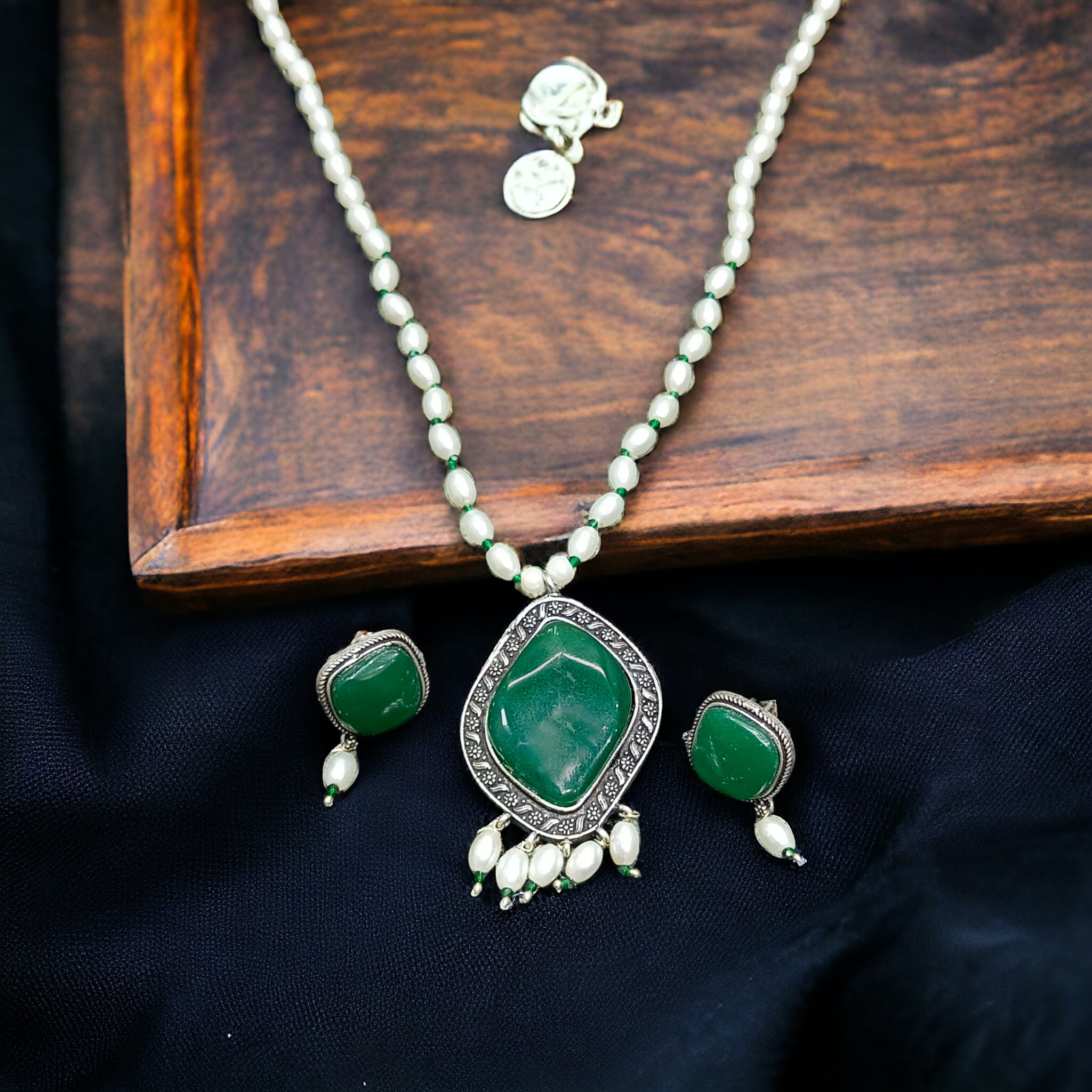 FW Green Color Oxidized Pearl Mala with Earrings & Premium Kappa Box