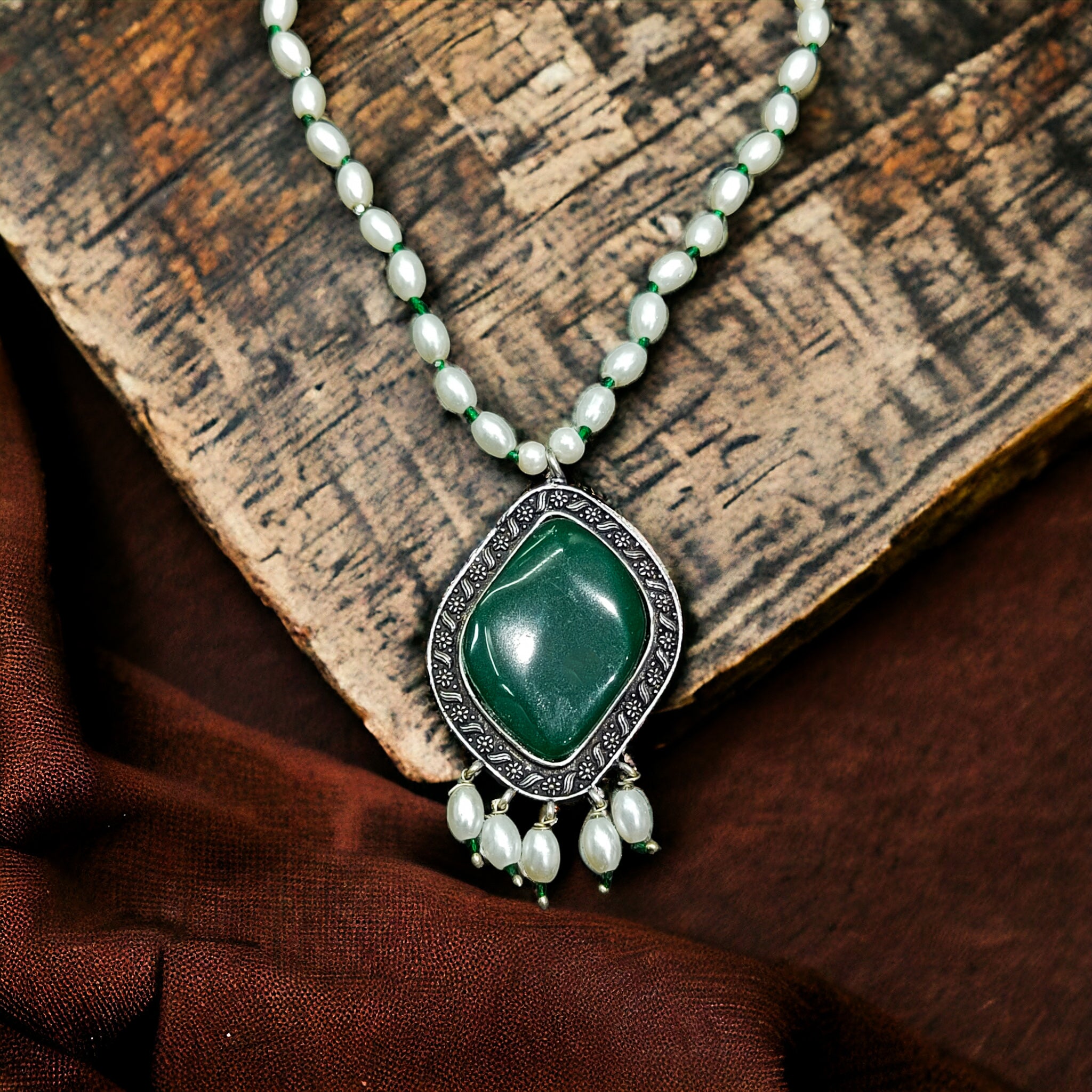 FW Green Color Oxidized Pearl Mala with Earrings & Premium Kappa Box