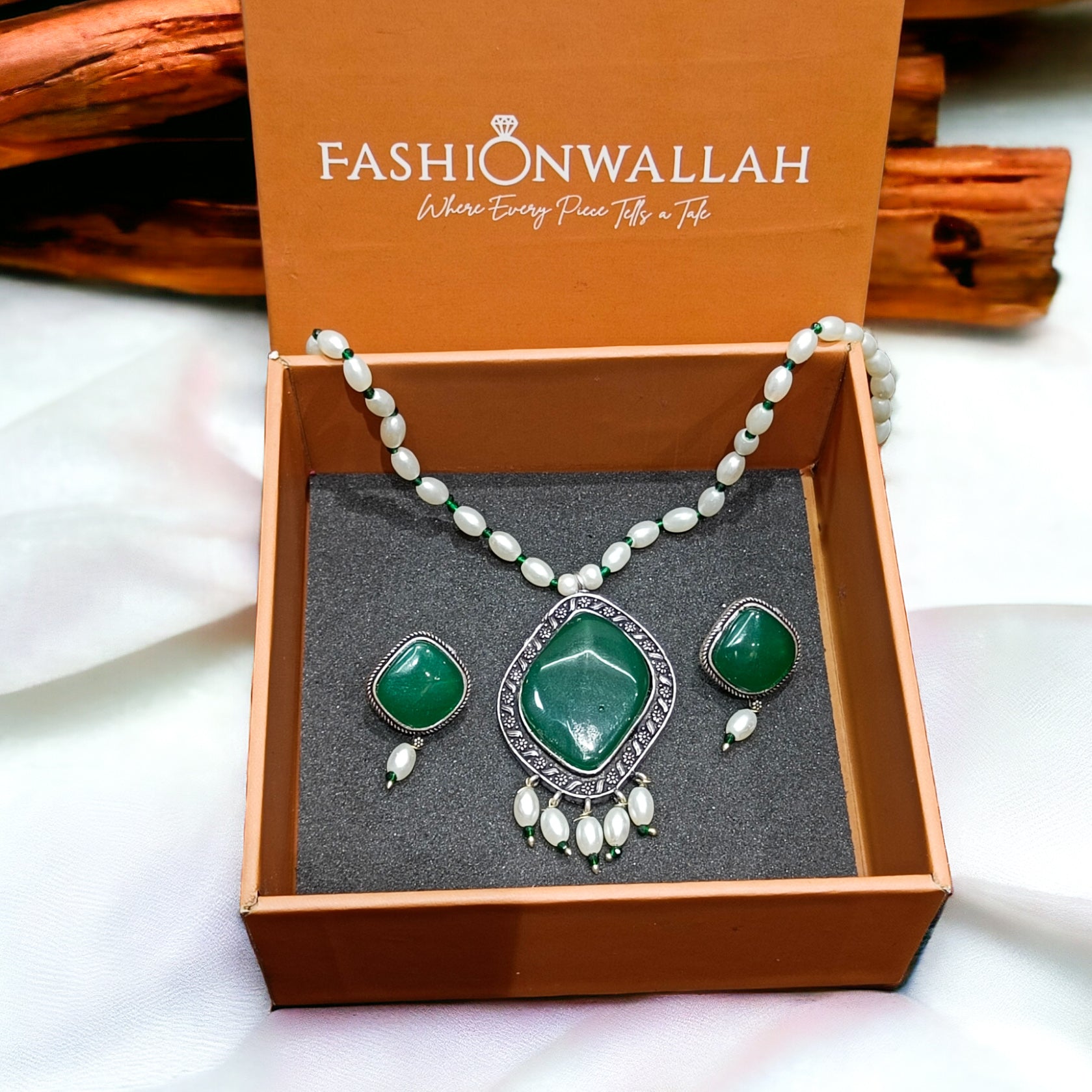 FW Green Color Oxidized Pearl Mala with Earrings & Premium Kappa Box