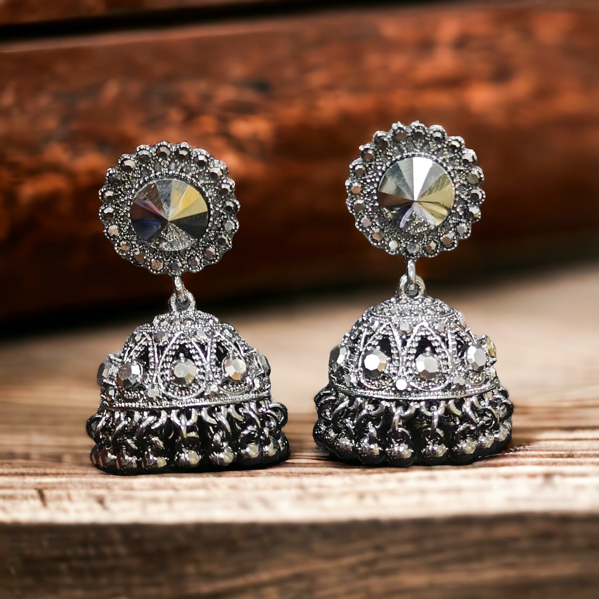 FW Carbon Plated German Silver Oxidised Glossy Jhumka