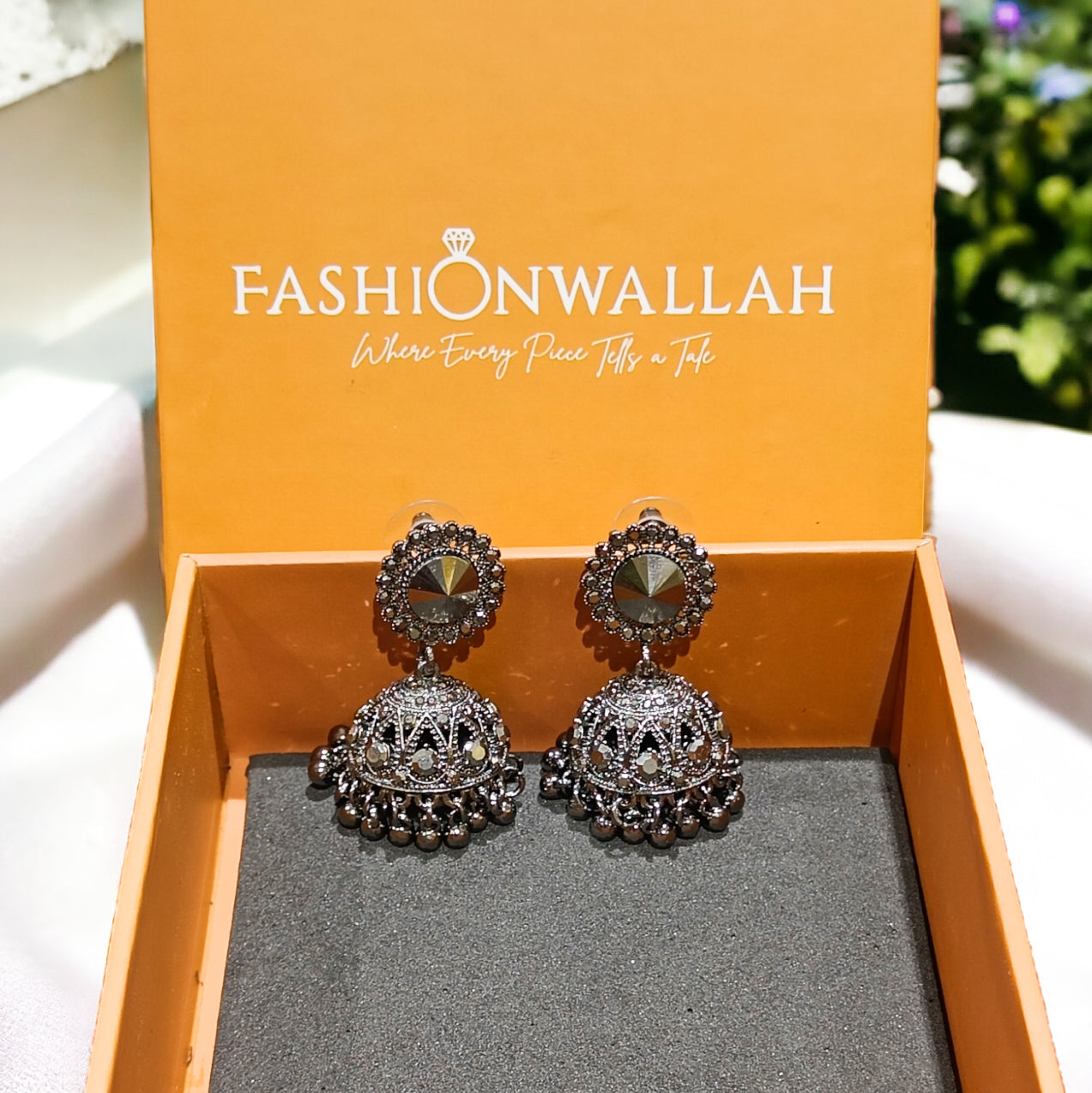 FW Carbon Plated German Silver Oxidised Glossy Jhumka