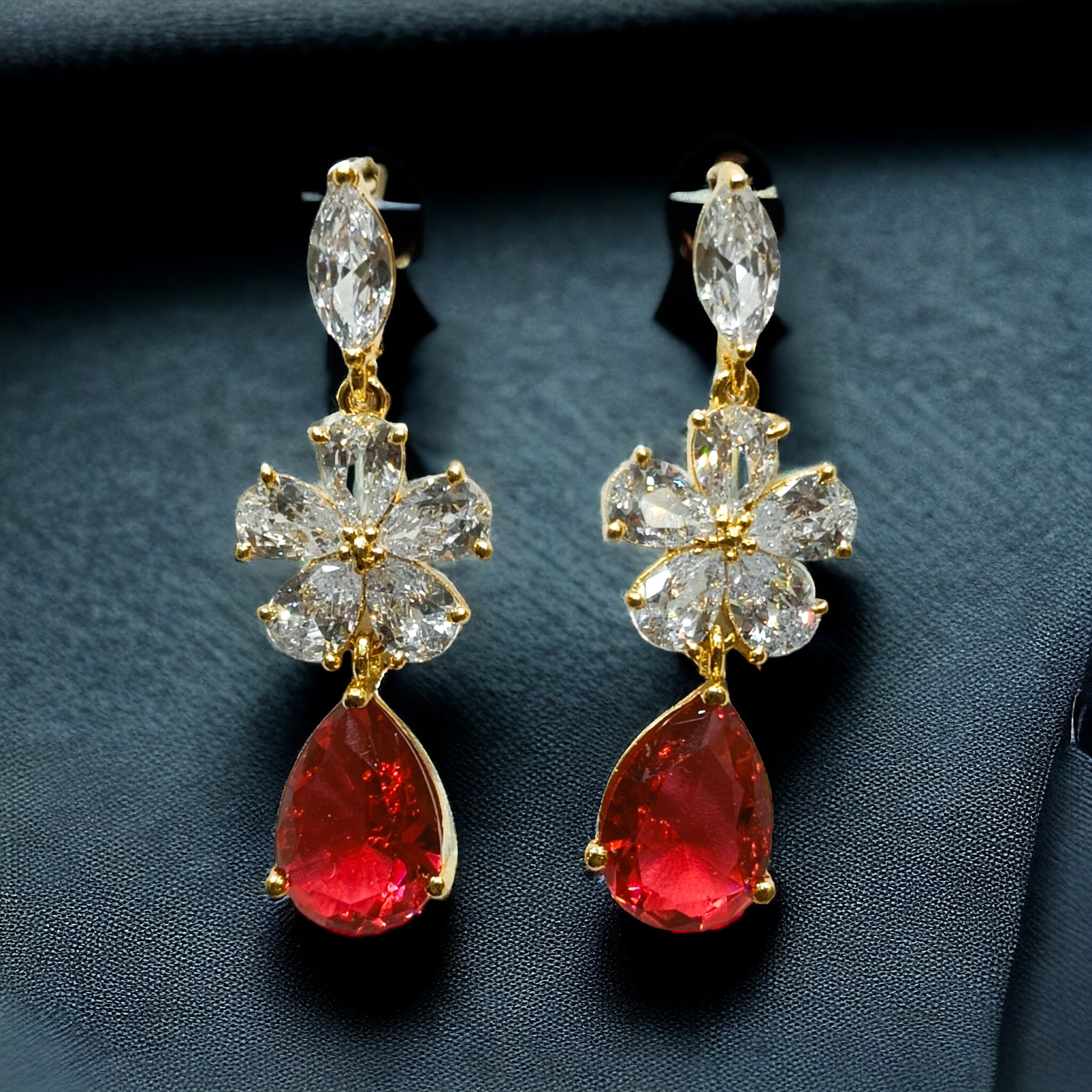 FW Gold Plated CZ Stone Red Western Dangling Earring