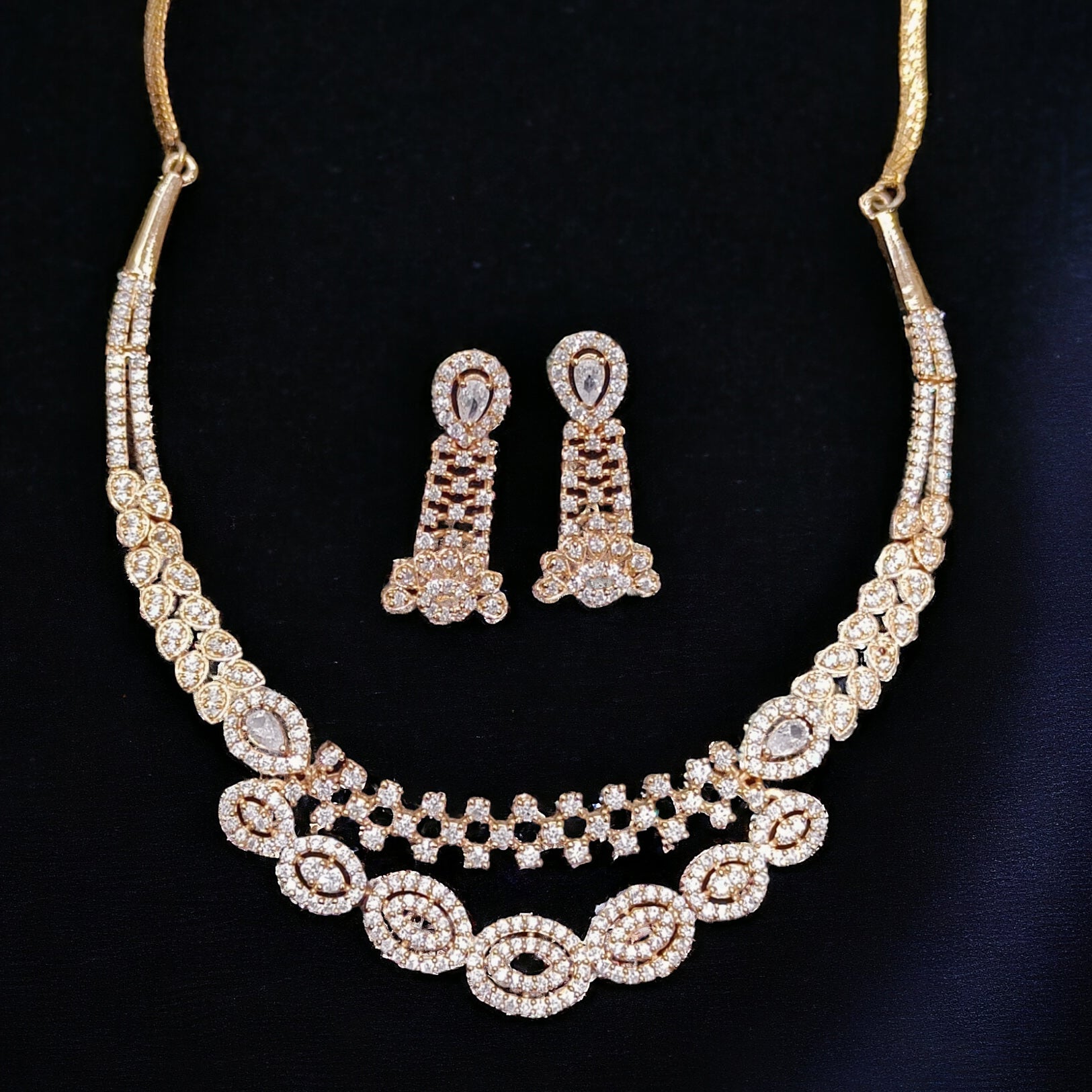 Rose Gold Plated CZ Stone Necklace with Earring