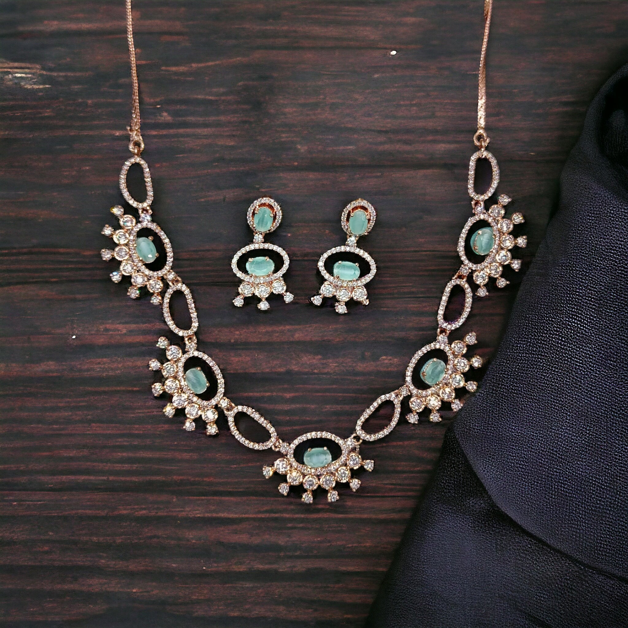 Mint Stone Rose Gold Plated Necklace with Earring