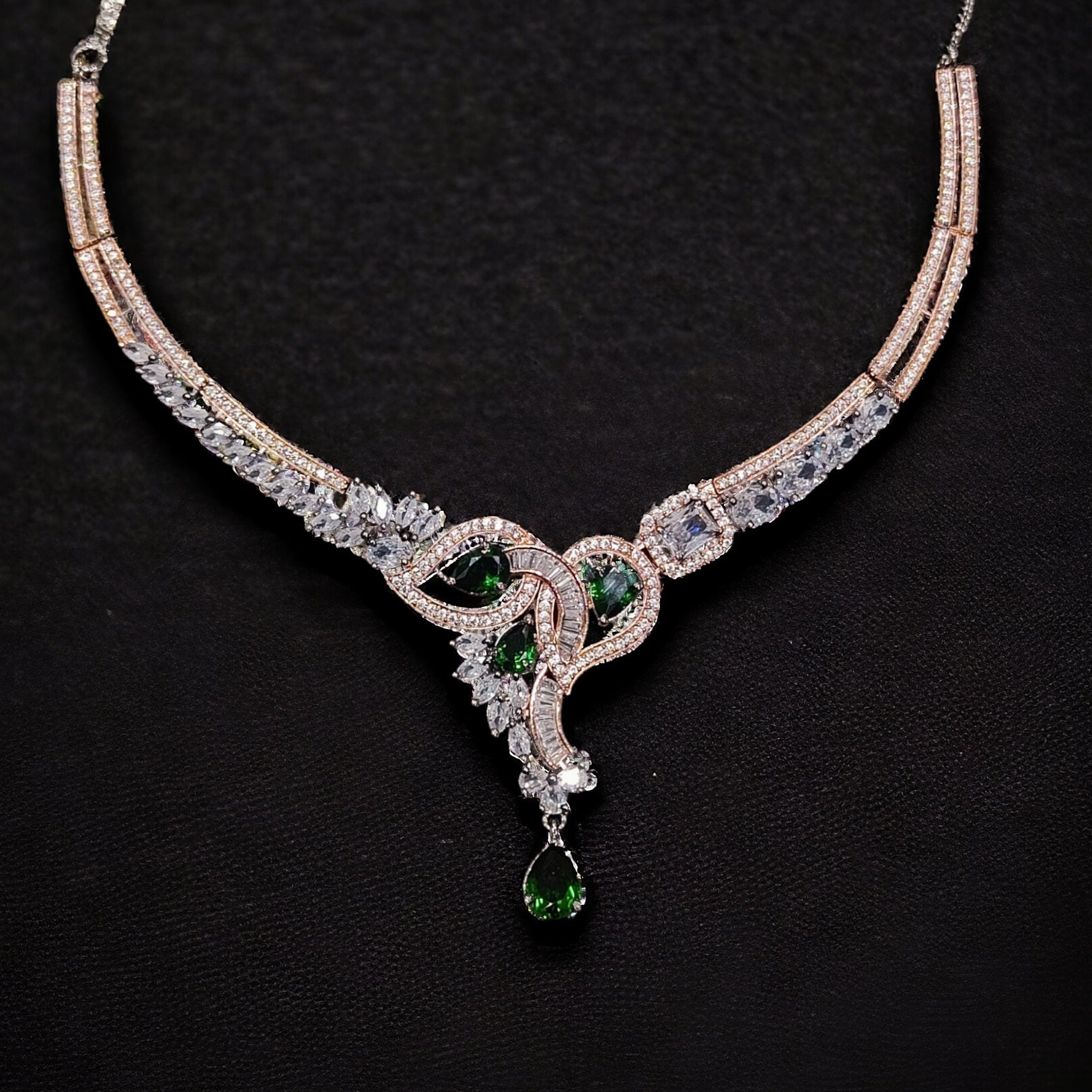 Emerald Stone Carbon Plated CZ Necklace with Earring