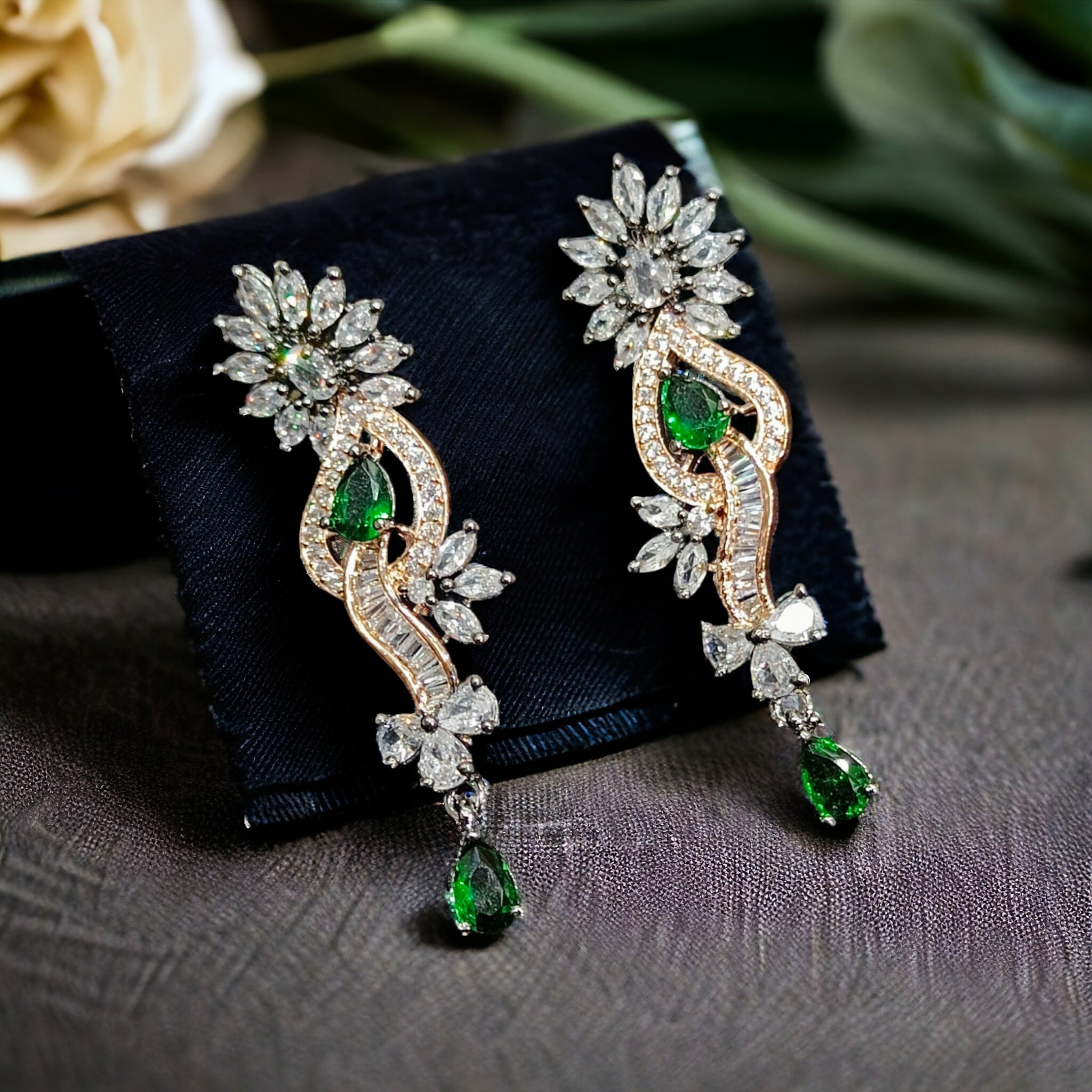 Emerald Stone Carbon Plated CZ Necklace with Earring