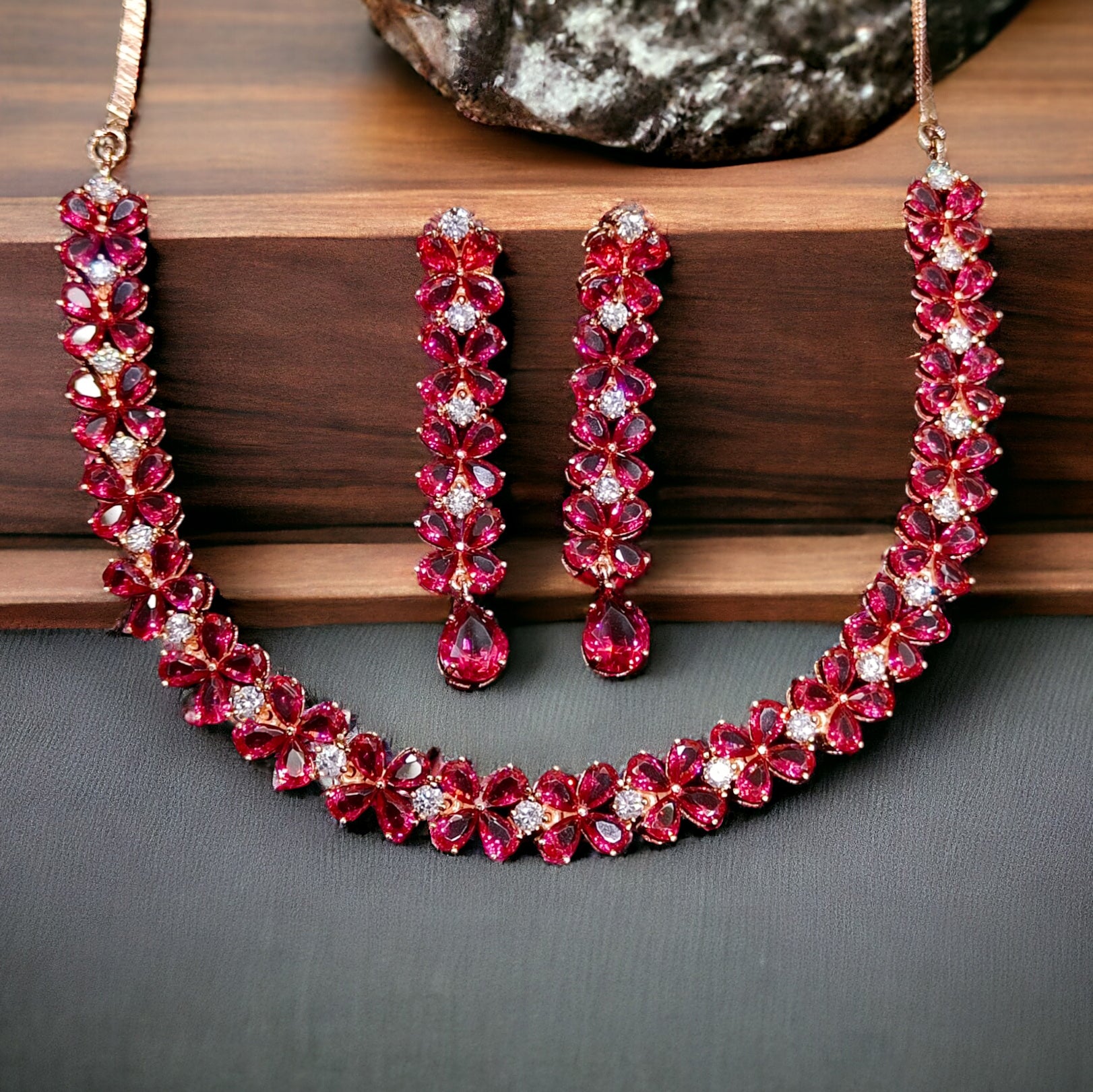 Maroon CZ Stone Rose Gold Plated Necklace with Earring