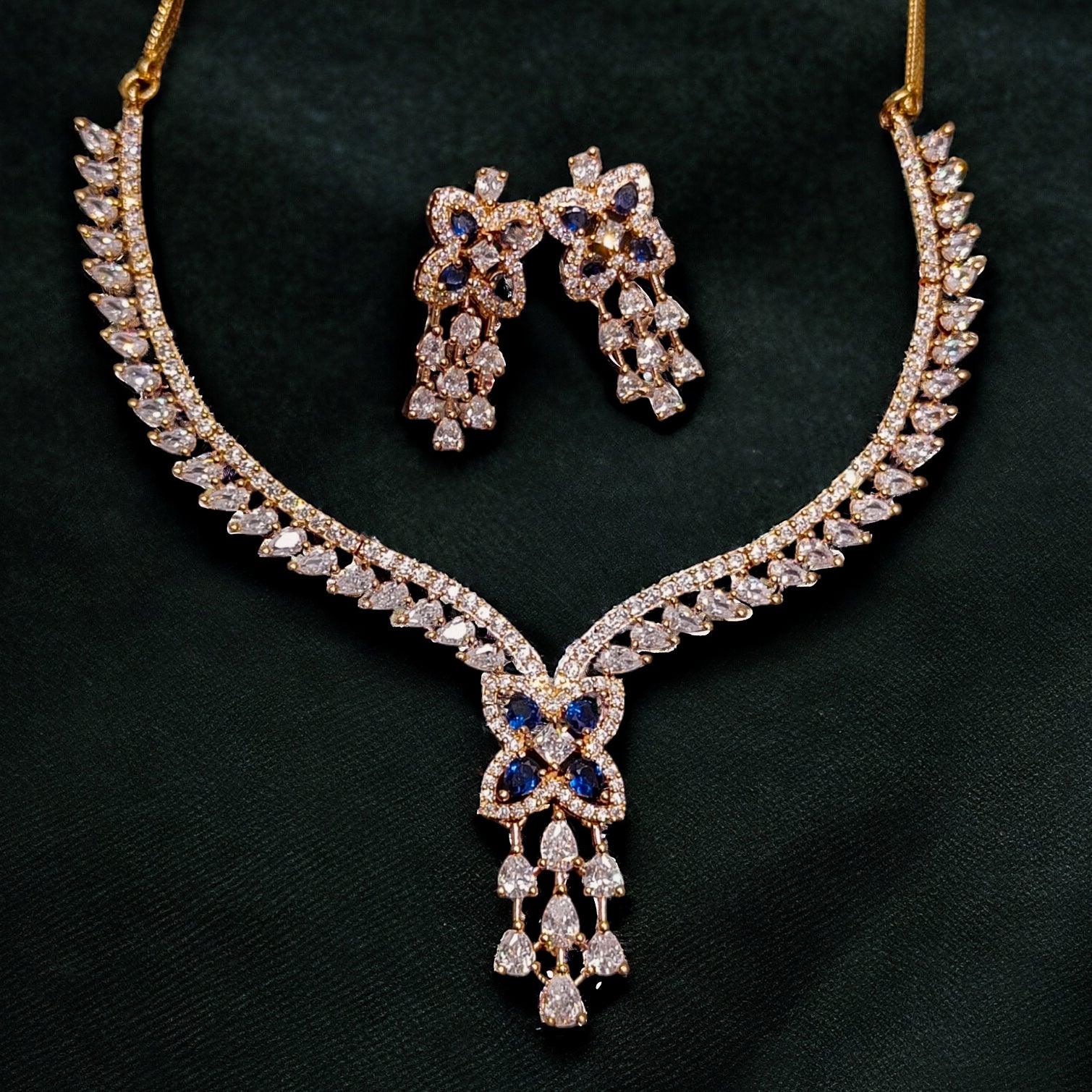 Rose Gold Plated  Blue CZ Stone Necklace with Earring