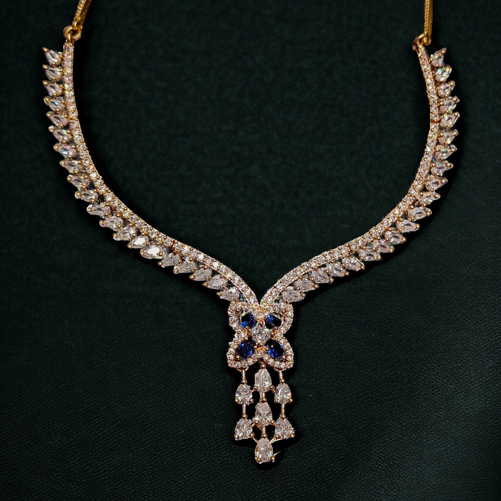 Rose Gold Plated  Blue CZ Stone Necklace with Earring