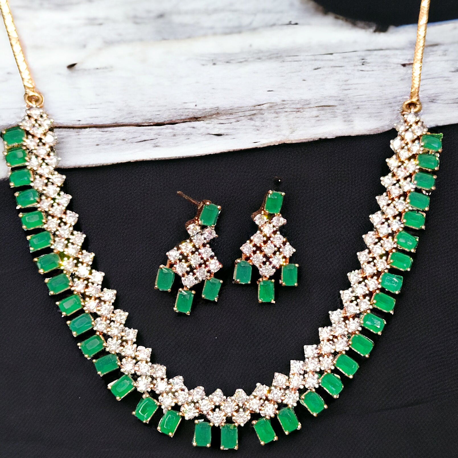 Emerald Stone Rose Plated CZ Necklace with Earring