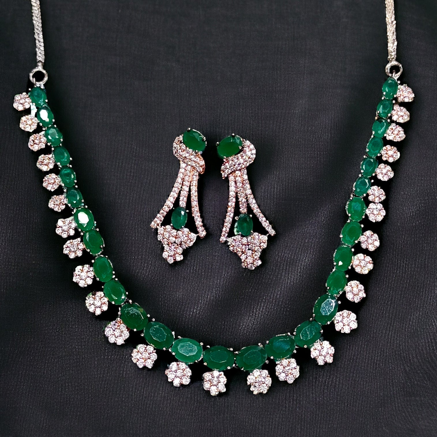 Emerald CZ Stone Carbon Plated Necklace with Earring