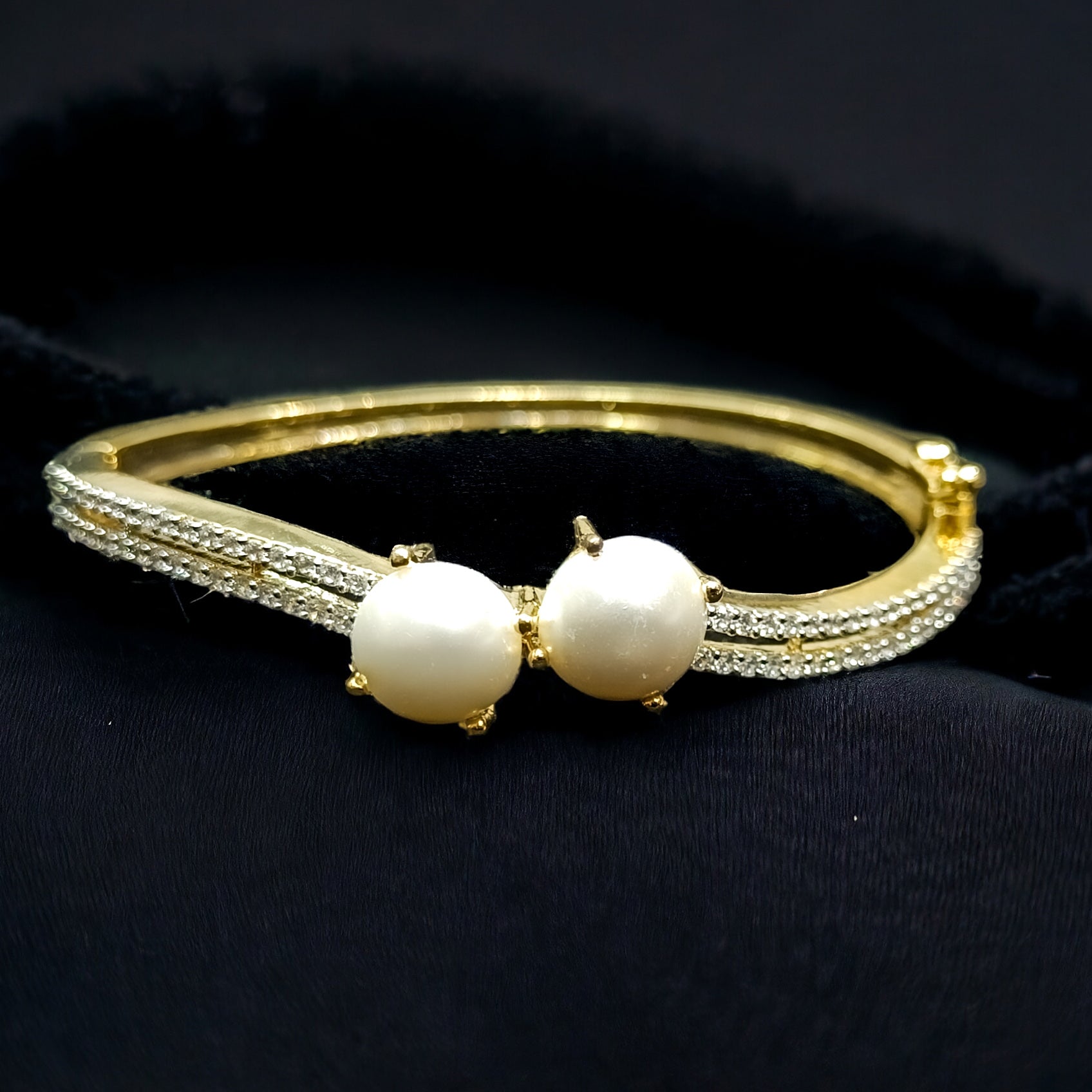 CZ Stone Gold Plated Kada Bracelet with White Pearl