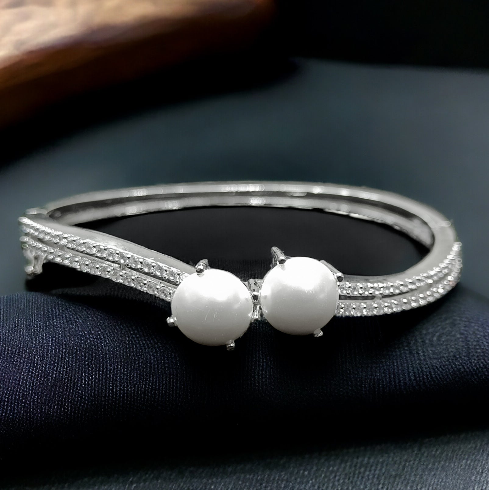 CZ Stone Rhodium Plated Kada Bracelet with White Pearl