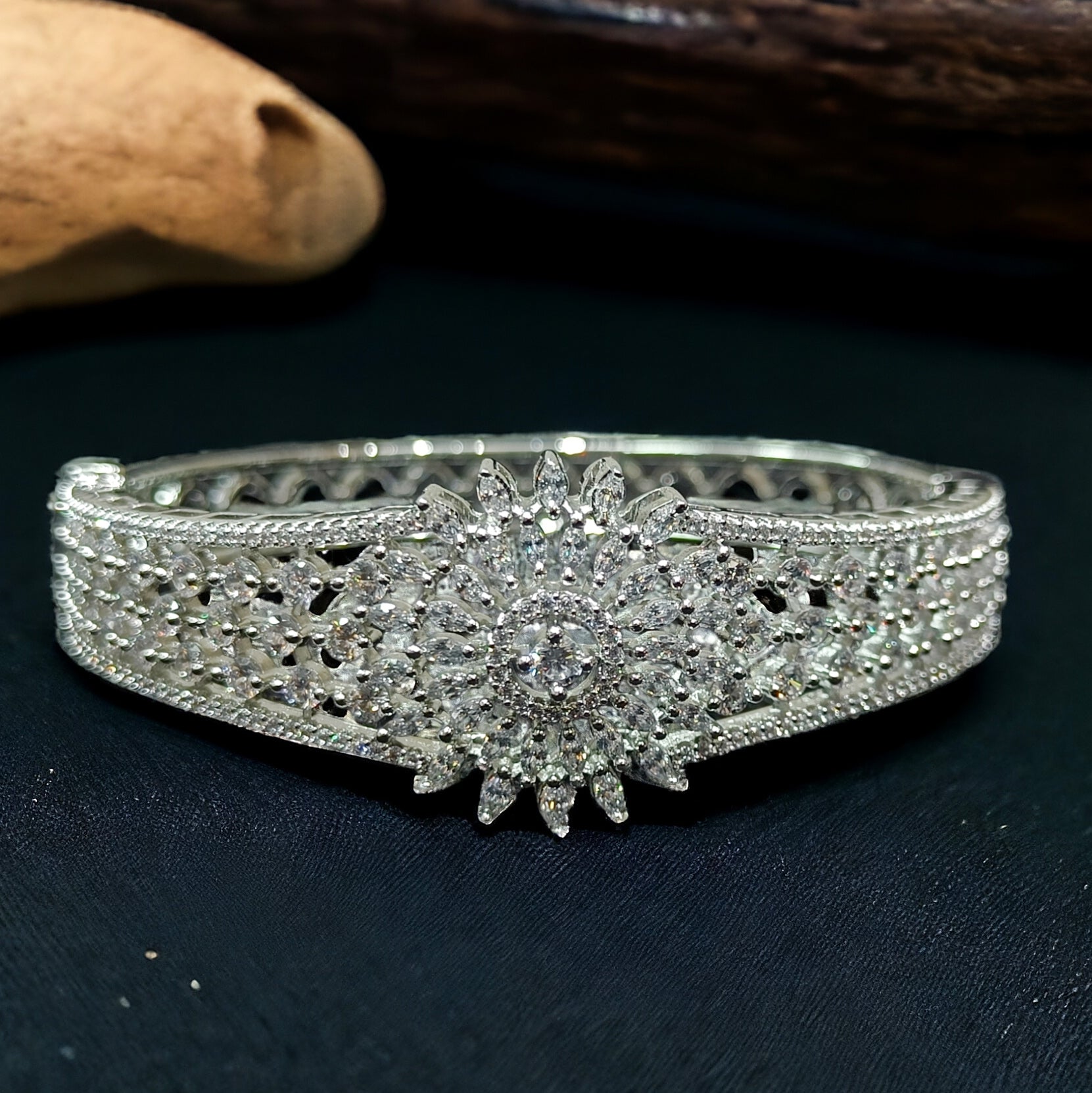 CZ Stone Rhodium Plated Kada Bracelet