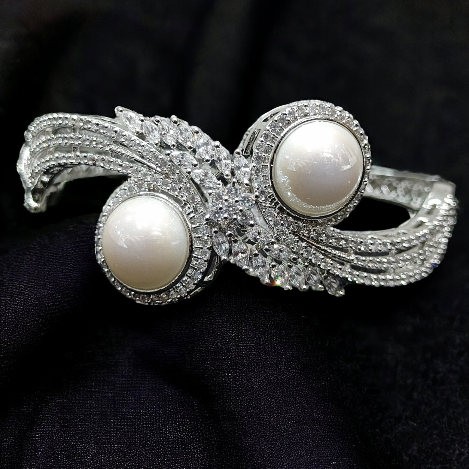 CZ Stone Rhodium Plated Kada Bracelet with White Pearl