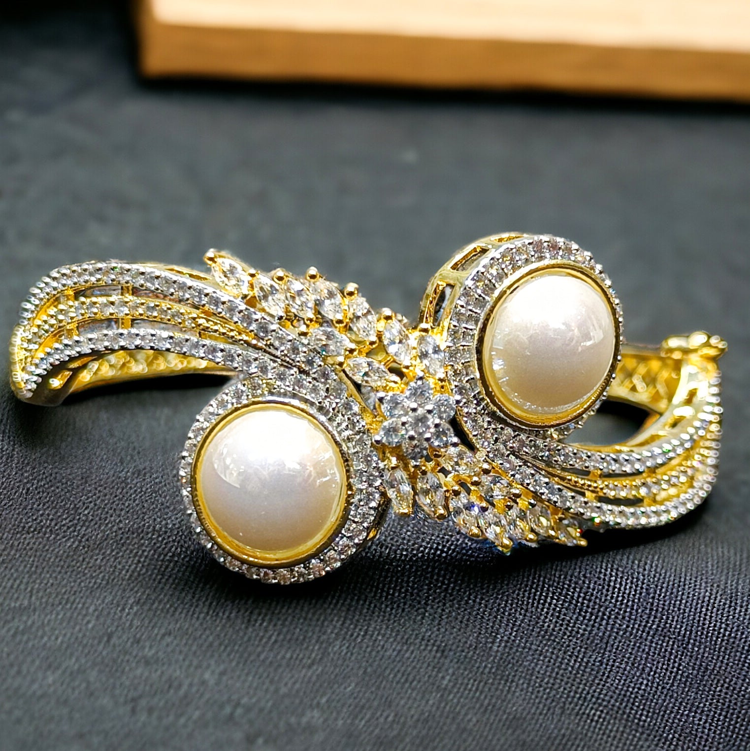 CZ Stone Gold Plated Kada Bracelet with White Pearl