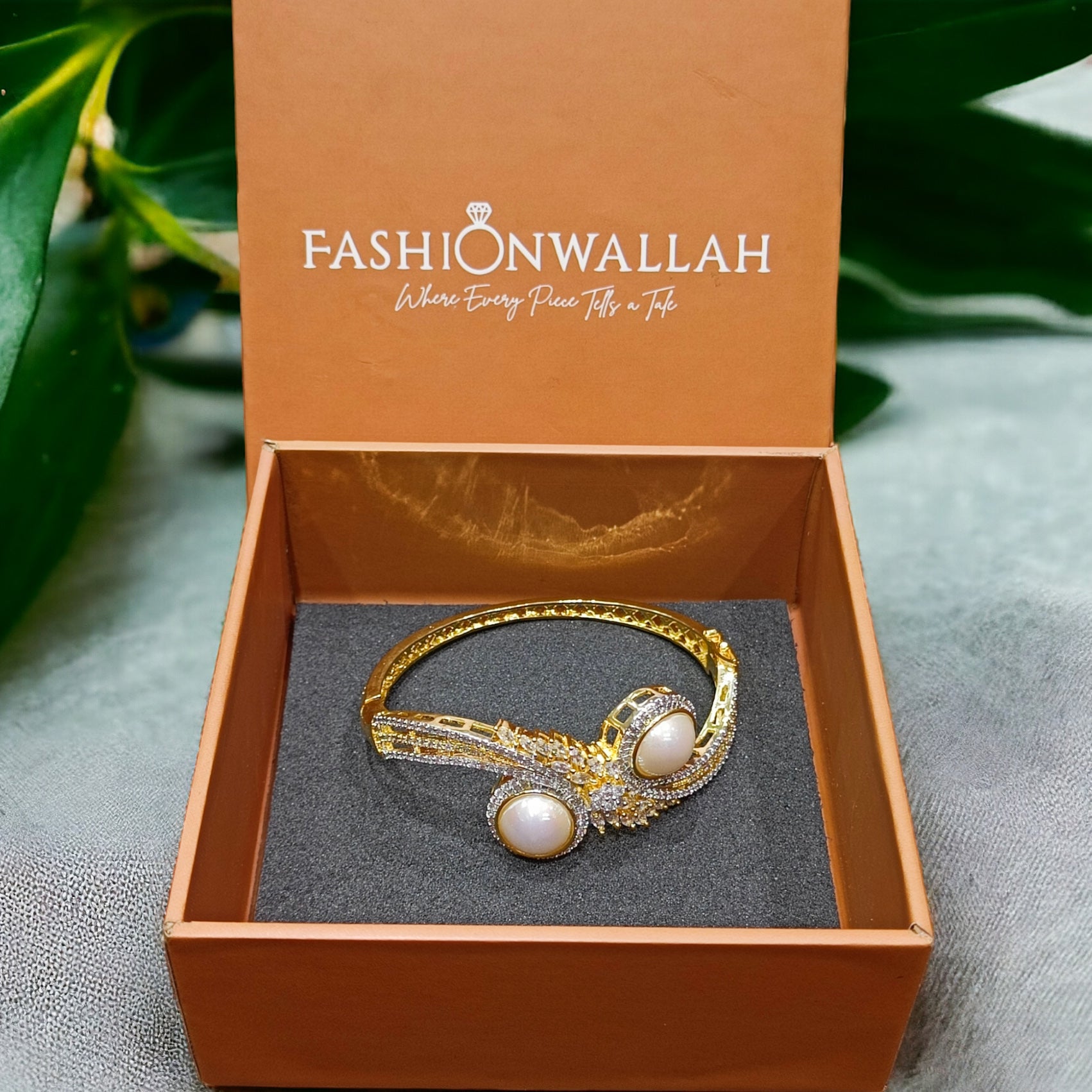 CZ Stone Gold Plated Kada Bracelet with White Pearl