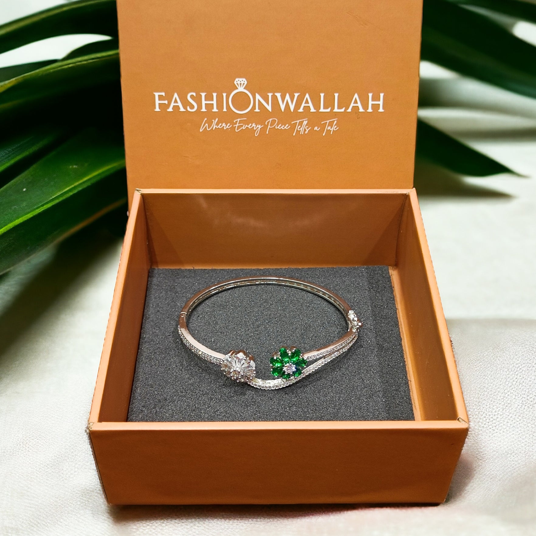 CZ Emerald Stone Rhodium Plated Kada Bracelet