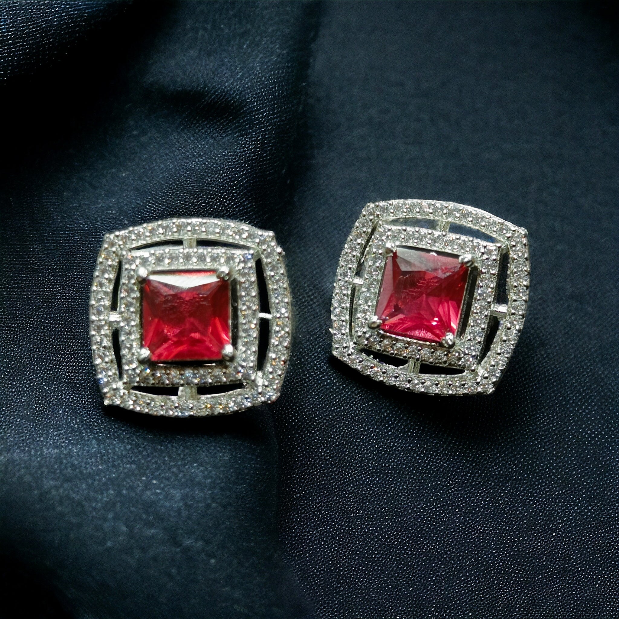 CZ Rhodium Plated Maroon Stone Stud