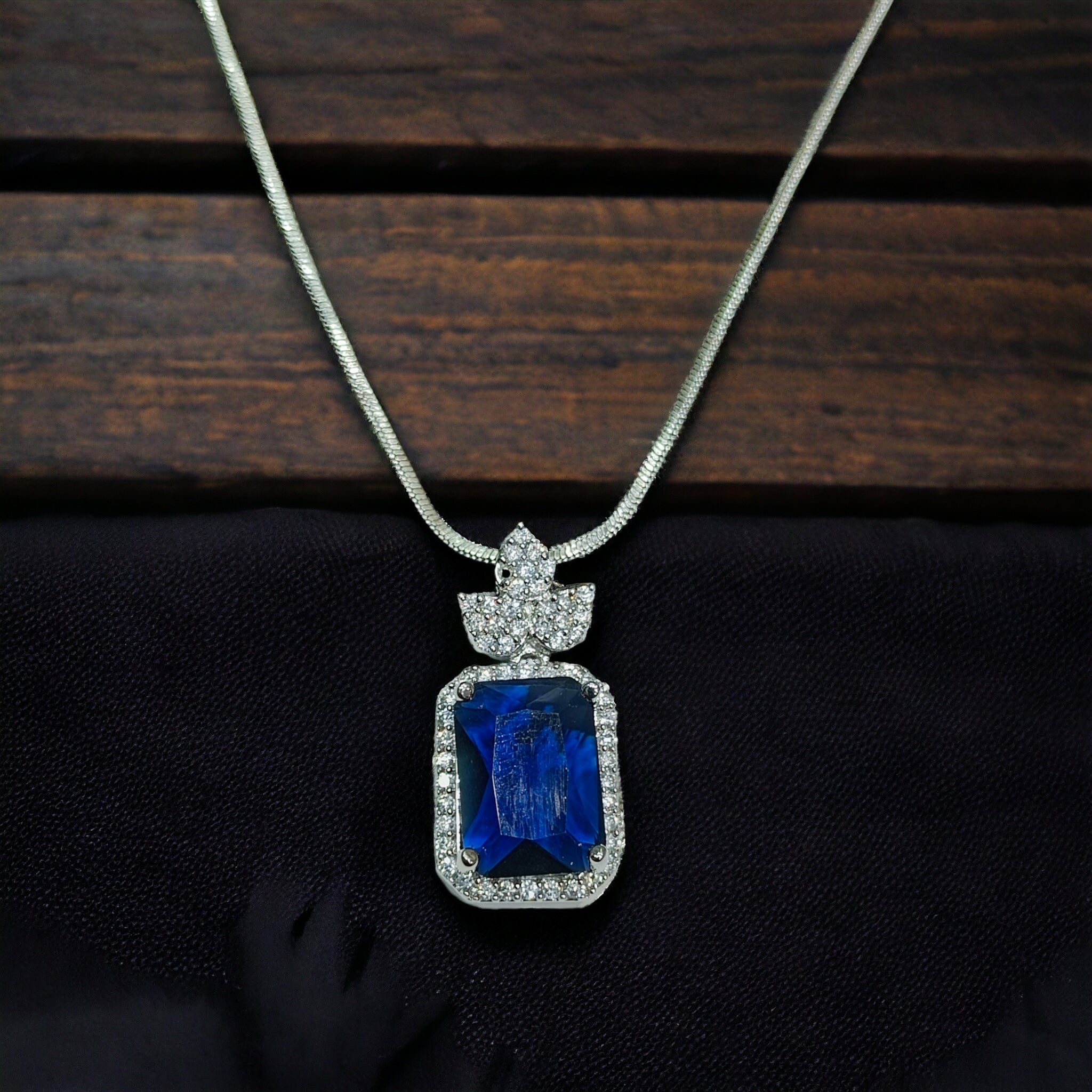 FW CZ Blue Stone Chain Pednant with Earring