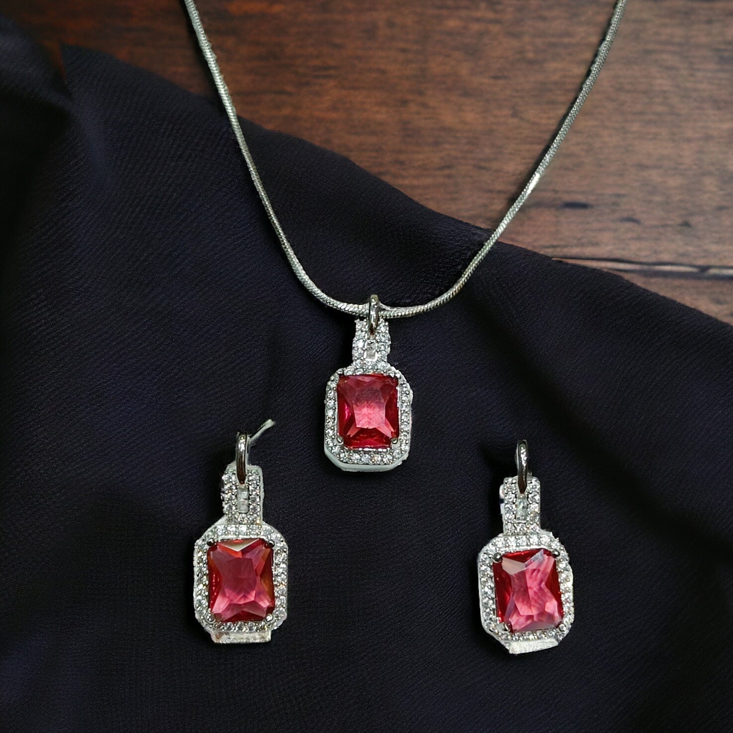 FW CZ Maroon Rhodium Plated Chain Pednant with Earrings