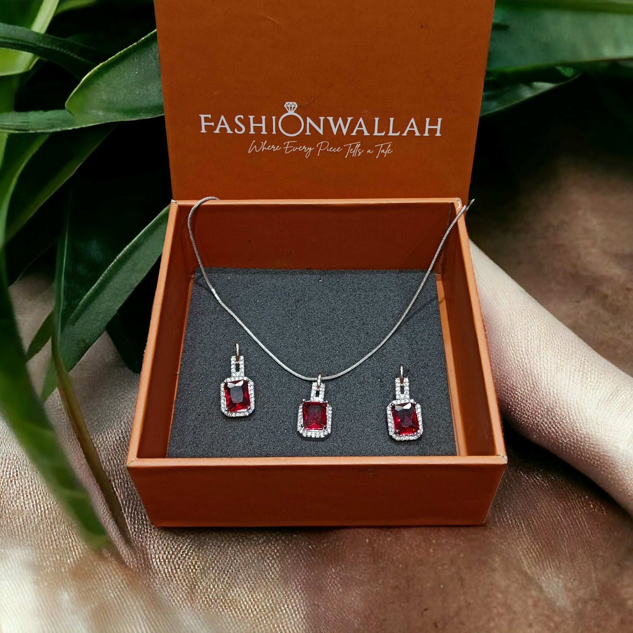 FW CZ Maroon Rhodium Plated Chain Pednant with Earrings