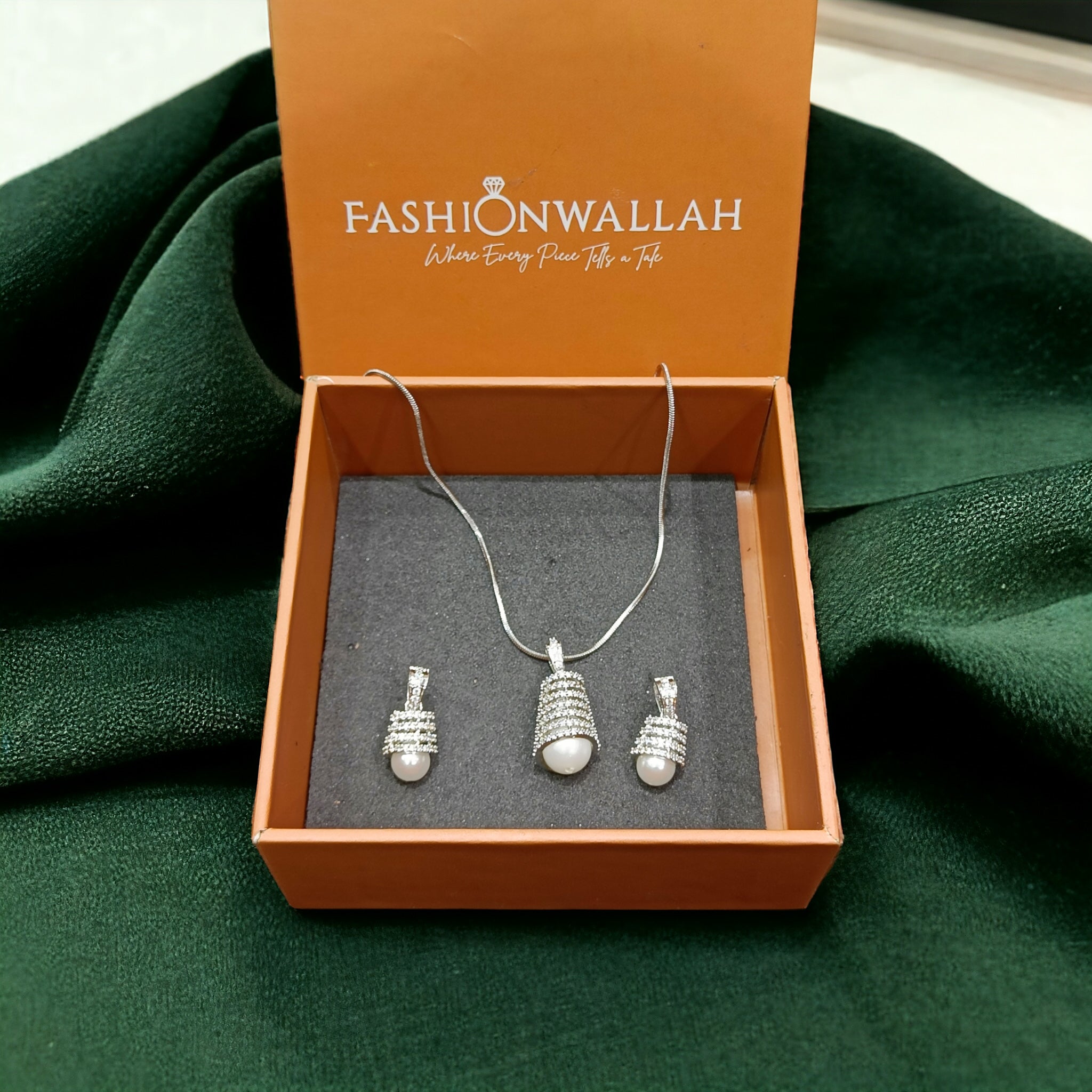 FW Rhodium Plated CZ Suffier Pearl Chain Pendant with Earrings