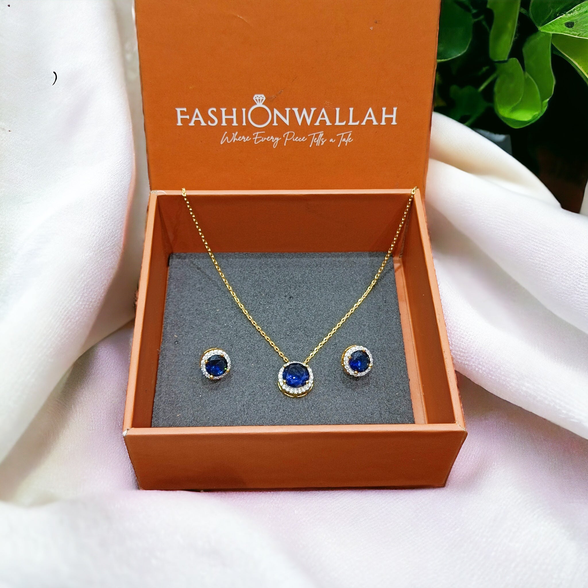 FW Gold Plated Blue CZ AD Chain Pendant with Earrings