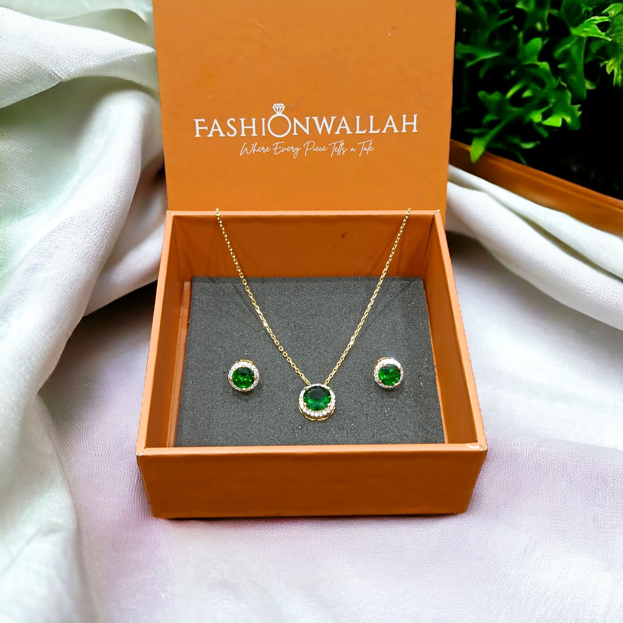 FW Gold Plated Emerald CZ AD Chain Pendant with Earrings