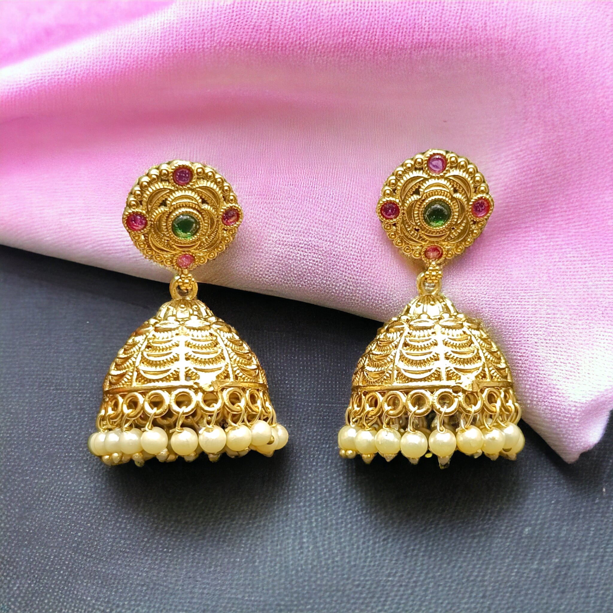 FW Matte Gold Plated RubyGreen Jhumka