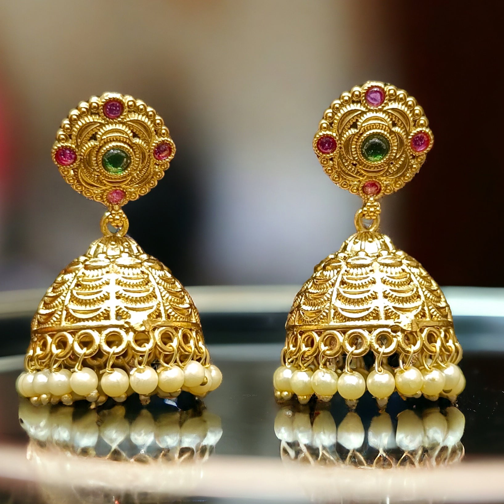 FW Matte Gold Plated RubyGreen Jhumka