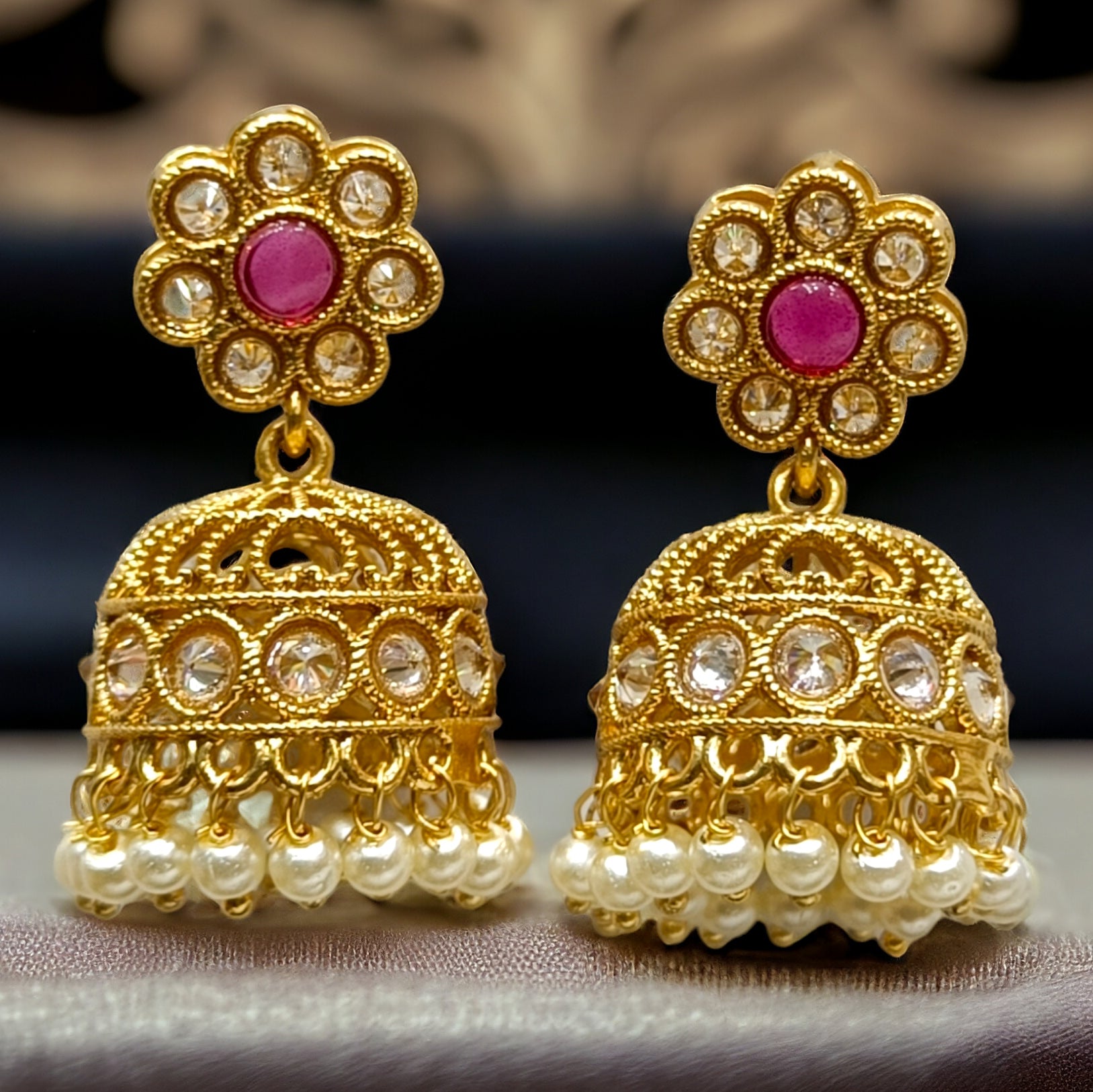 FW Gold Plated LCT Stone Pearl Jhumka